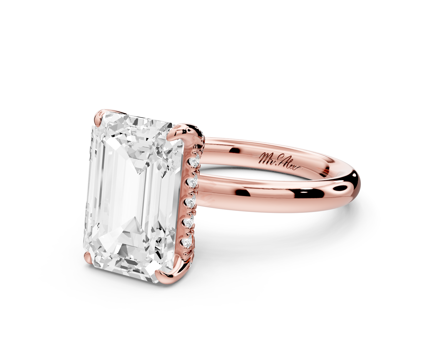 Shira - 3ct 14k rose gold emerald diamond with hidden halo and diamond crown talon prong solitaire Engagement ring