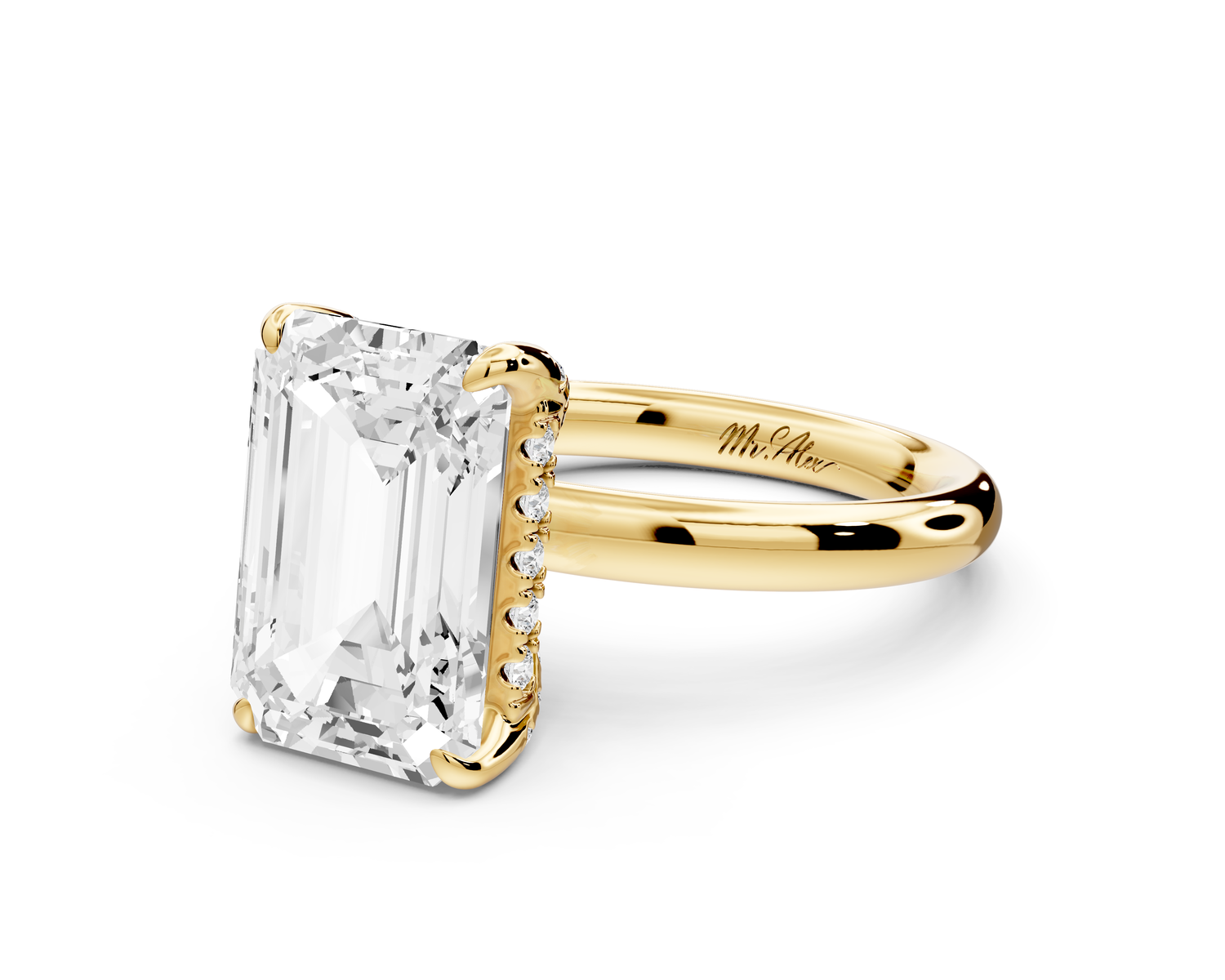 Shira - 3ct 14k yellow gold emerald diamond with hidden halo and diamond crown talon prong solitaire Engagement ring