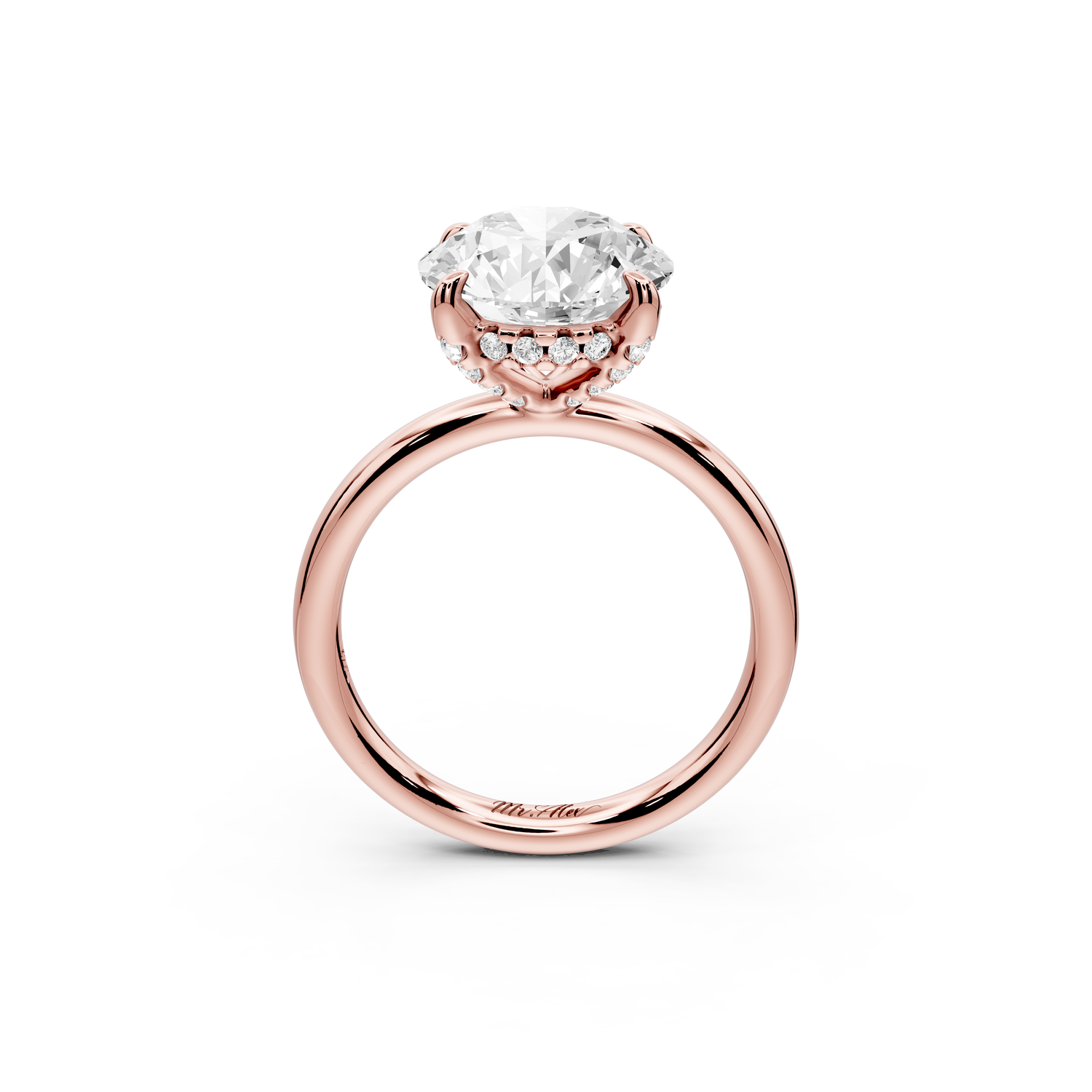 Shira - 3ct 14k rose gold round diamond with hidden halo and diamond crown talon prong solitaire engagment ring