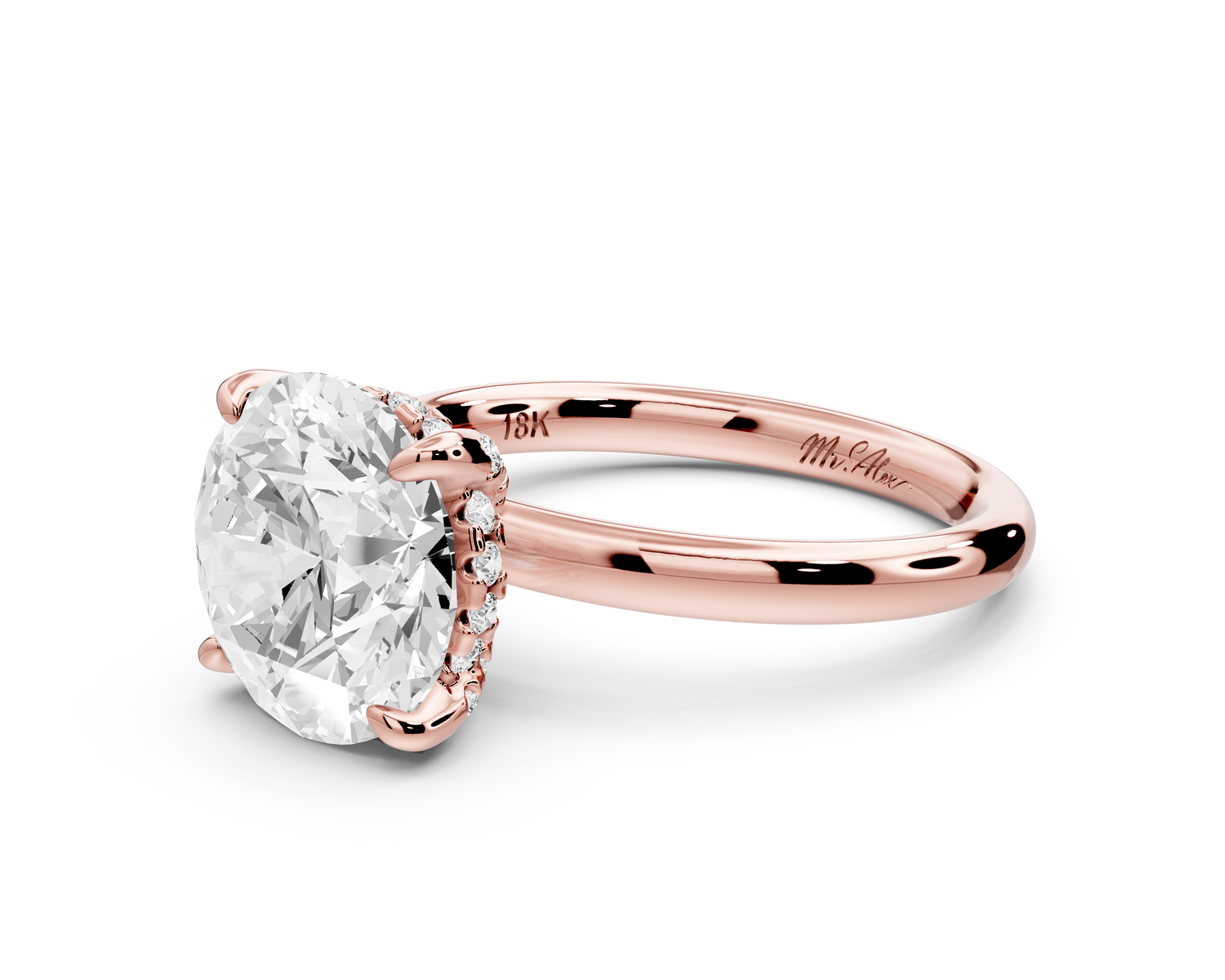 Shira - 3ct 14k rose gold round diamond with hidden halo and diamond crown talon prong solitaire engagment ring