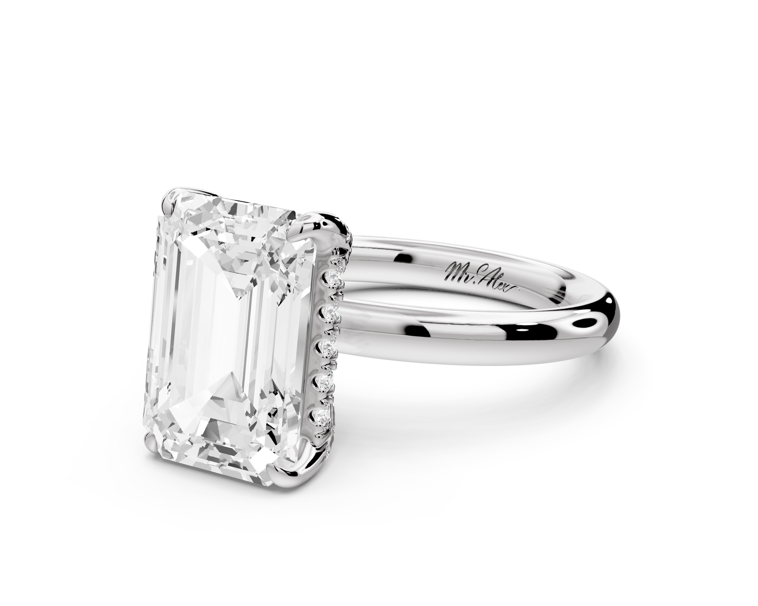 Shira - 4ct 14k white gold emerald diamond with hidden halo and diamond crown talon prong solitaire Engagement ring