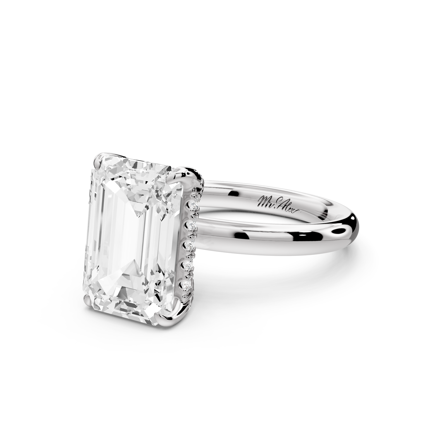 Shira - 4ct 14k white gold emerald diamond with hidden halo and diamond crown talon prong solitaire Engagement ring