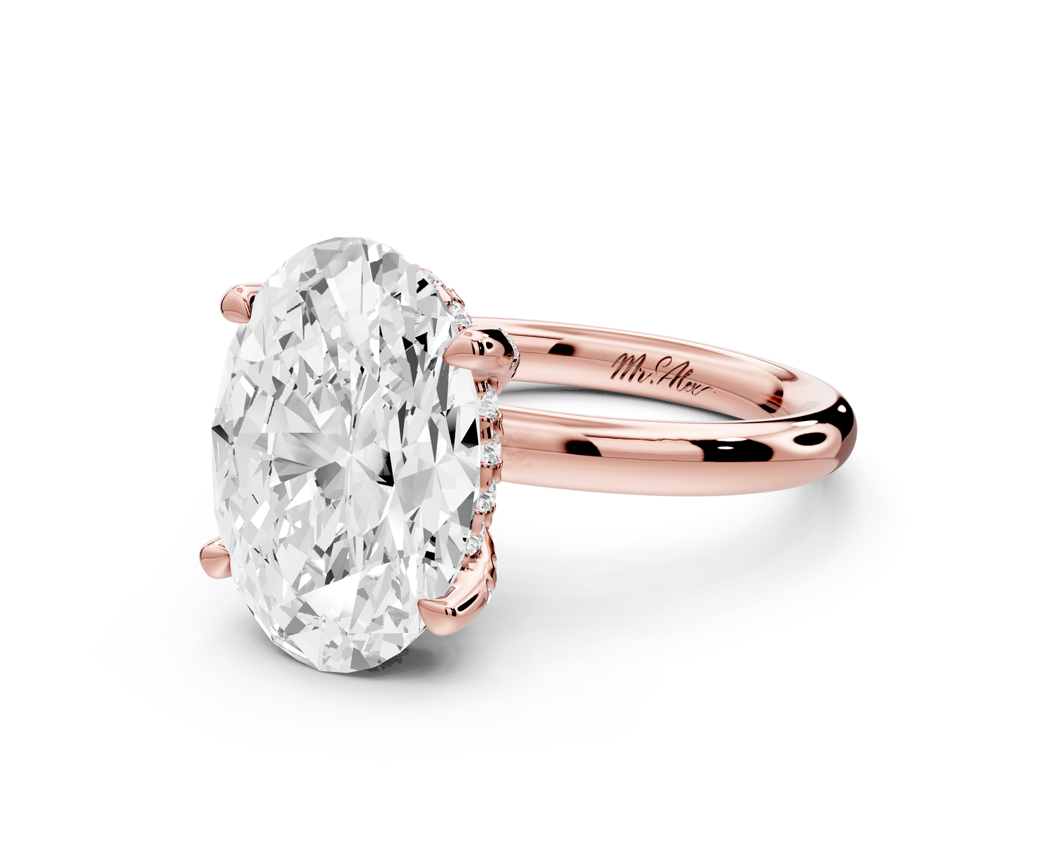 Shira - 4ct 14k rose gold oval diamond with hidden halo and diamond crown talon prong solitaire Engagement ring