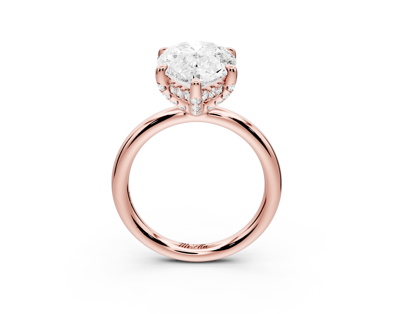 Shira - 4ct 14k rose gold pear diamond with hidden halo and diamond crown talon prong solitaire Engagement ring