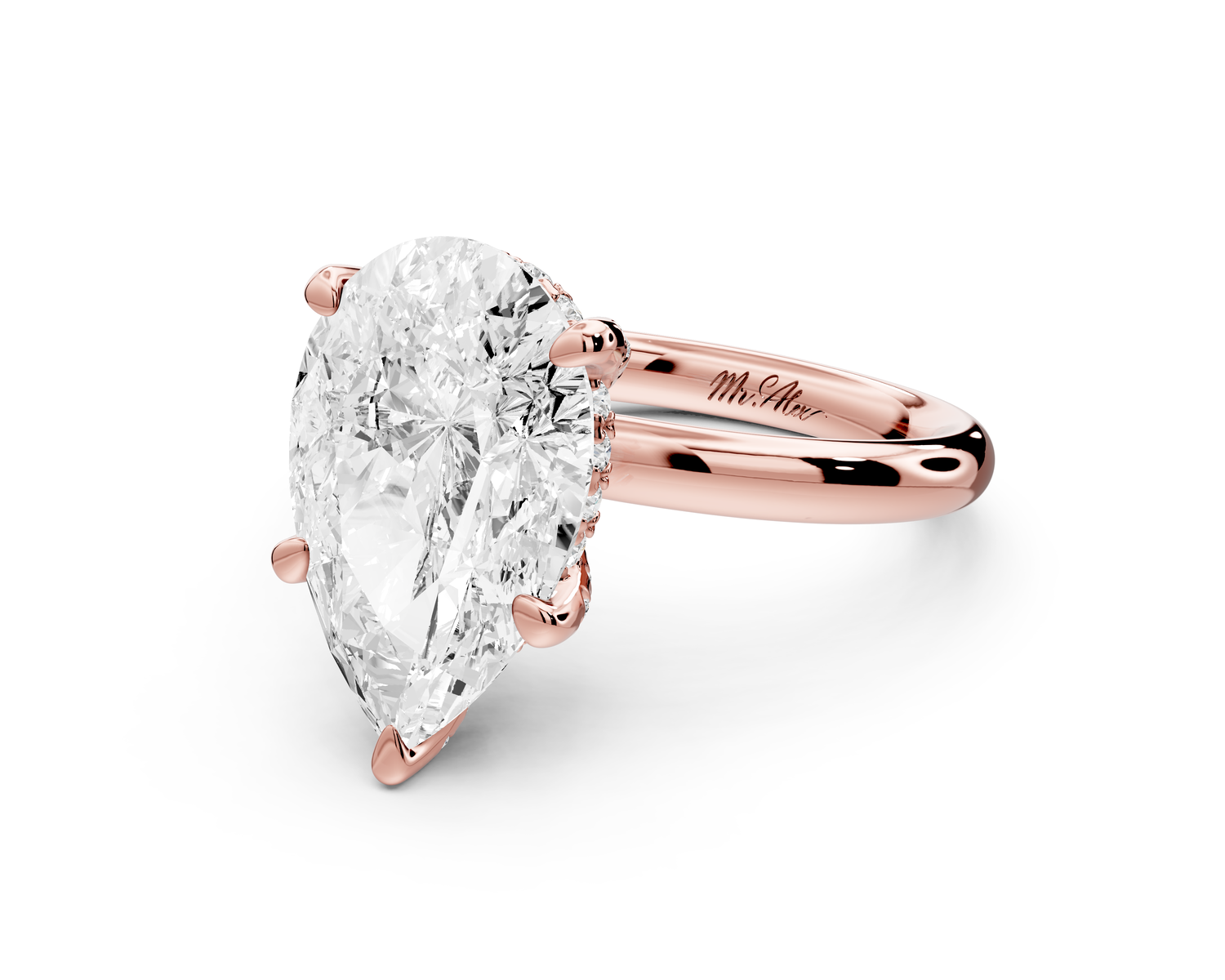 Shira - 4ct 14k rose gold pear diamond with hidden halo and diamond crown talon prong solitaire Engagement ring