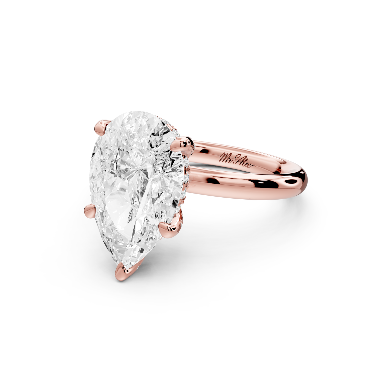 Shira - 4ct 14k rose gold pear diamond with hidden halo and diamond crown talon prong solitaire Engagement ring