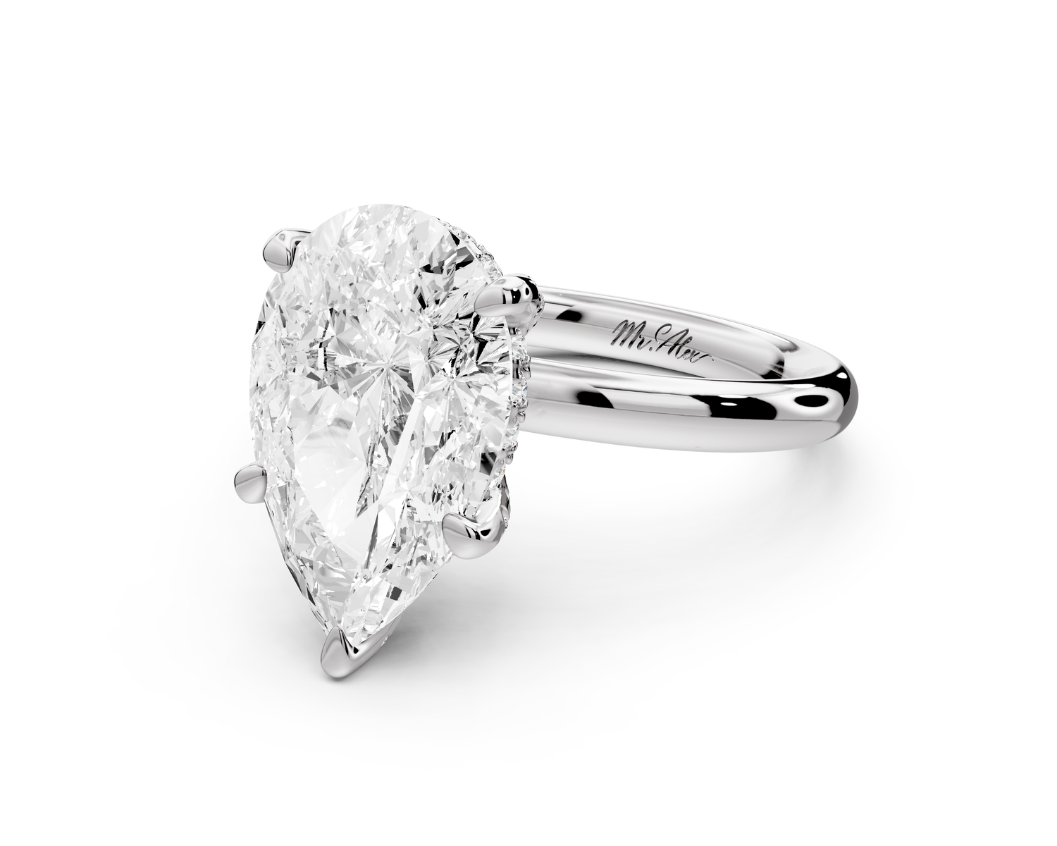 Shira - 4ct 14k white gold pear diamond with hidden halo and diamond crown talon prong solitaire Engagement ring
