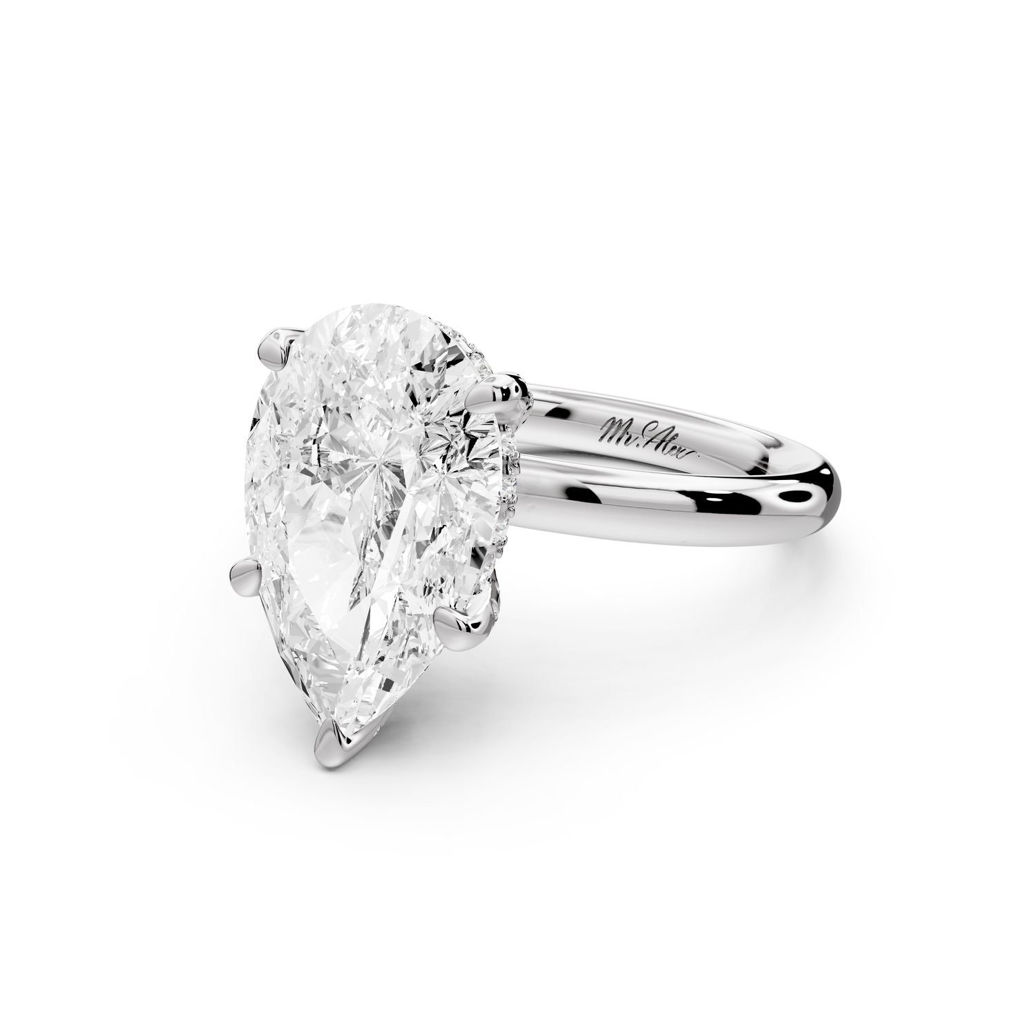 Shira - 4ct 14k white gold pear diamond with hidden halo and diamond crown talon prong solitaire Engagement ring