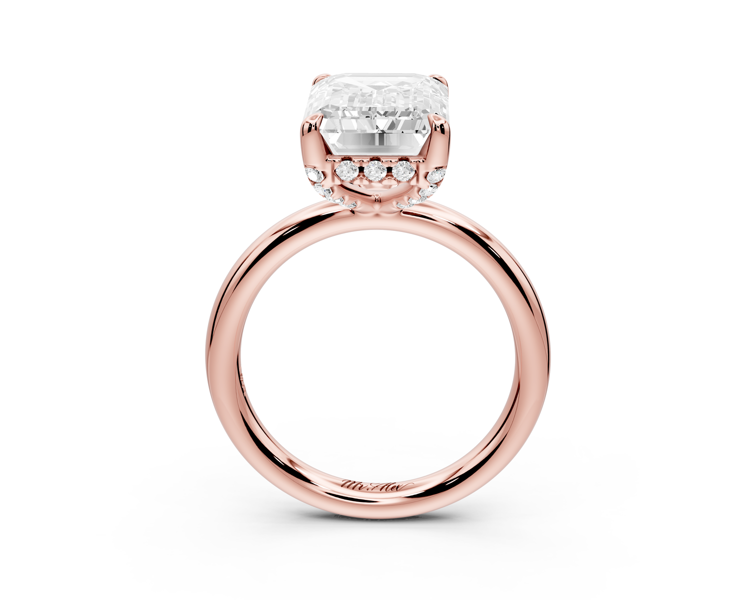 Shira - 5ct 14k rose gold emerald diamond with hidden halo and diamond crown talon prong solitaire Engagement ring