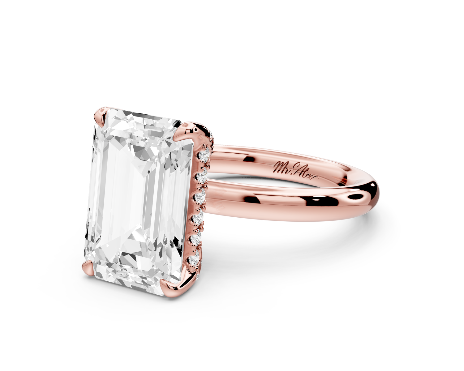 Shira - 5ct 14k rose gold emerald diamond with hidden halo and diamond crown talon prong solitaire Engagement ring