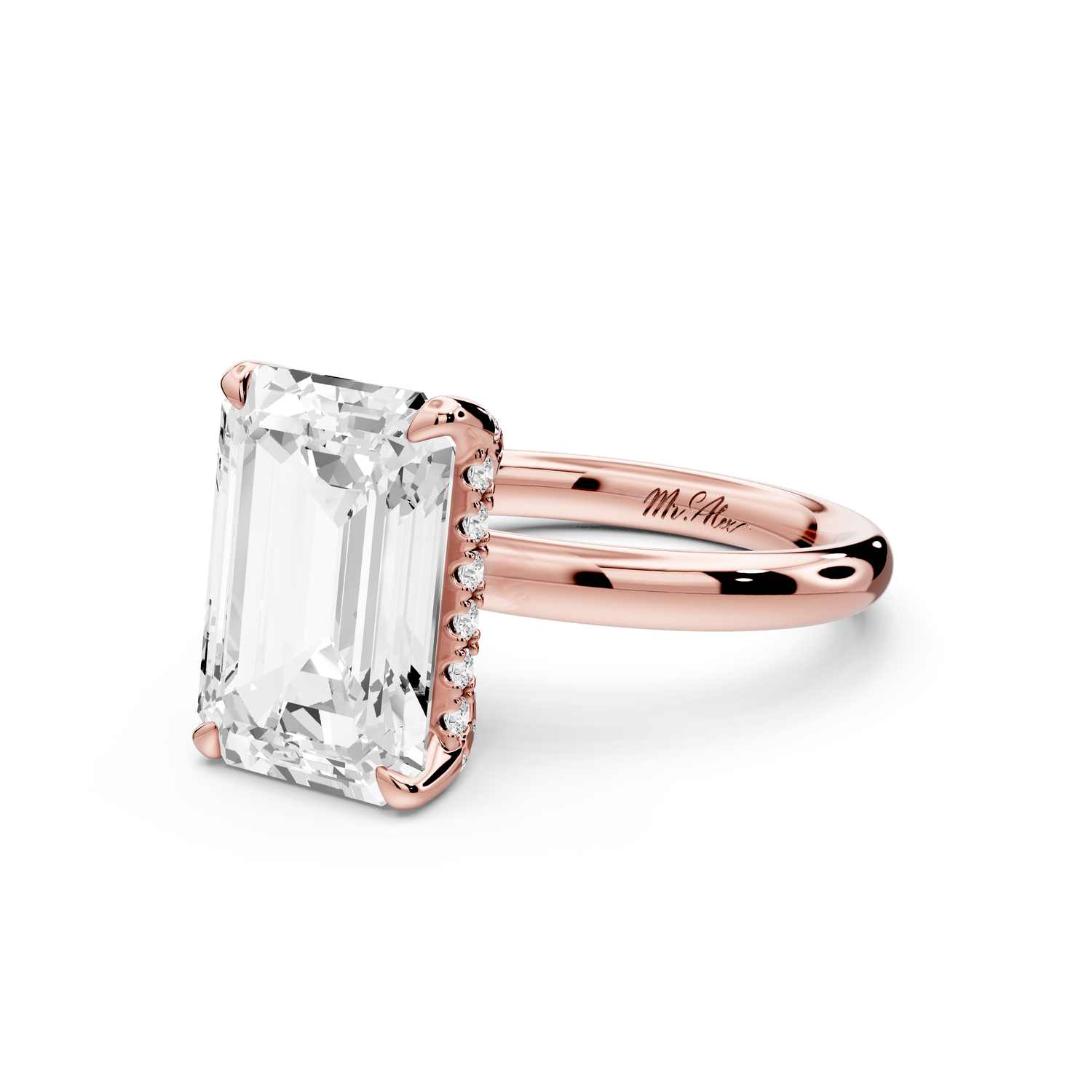 Shira - 5ct 14k rose gold emerald diamond with hidden halo and diamond crown talon prong solitaire Engagement ring