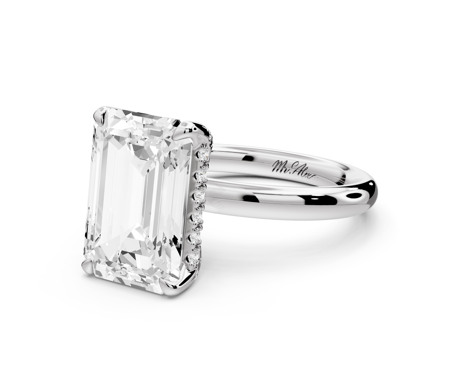 Shira - 5ct 14k white gold emerald diamond with hidden halo and diamond crown talon prong solitaire Engagement ring