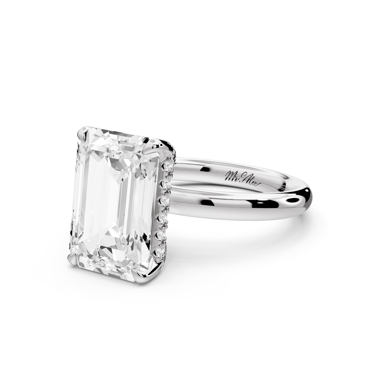 Shira - 5ct 14k white gold emerald diamond with hidden halo and diamond crown talon prong solitaire Engagement ring