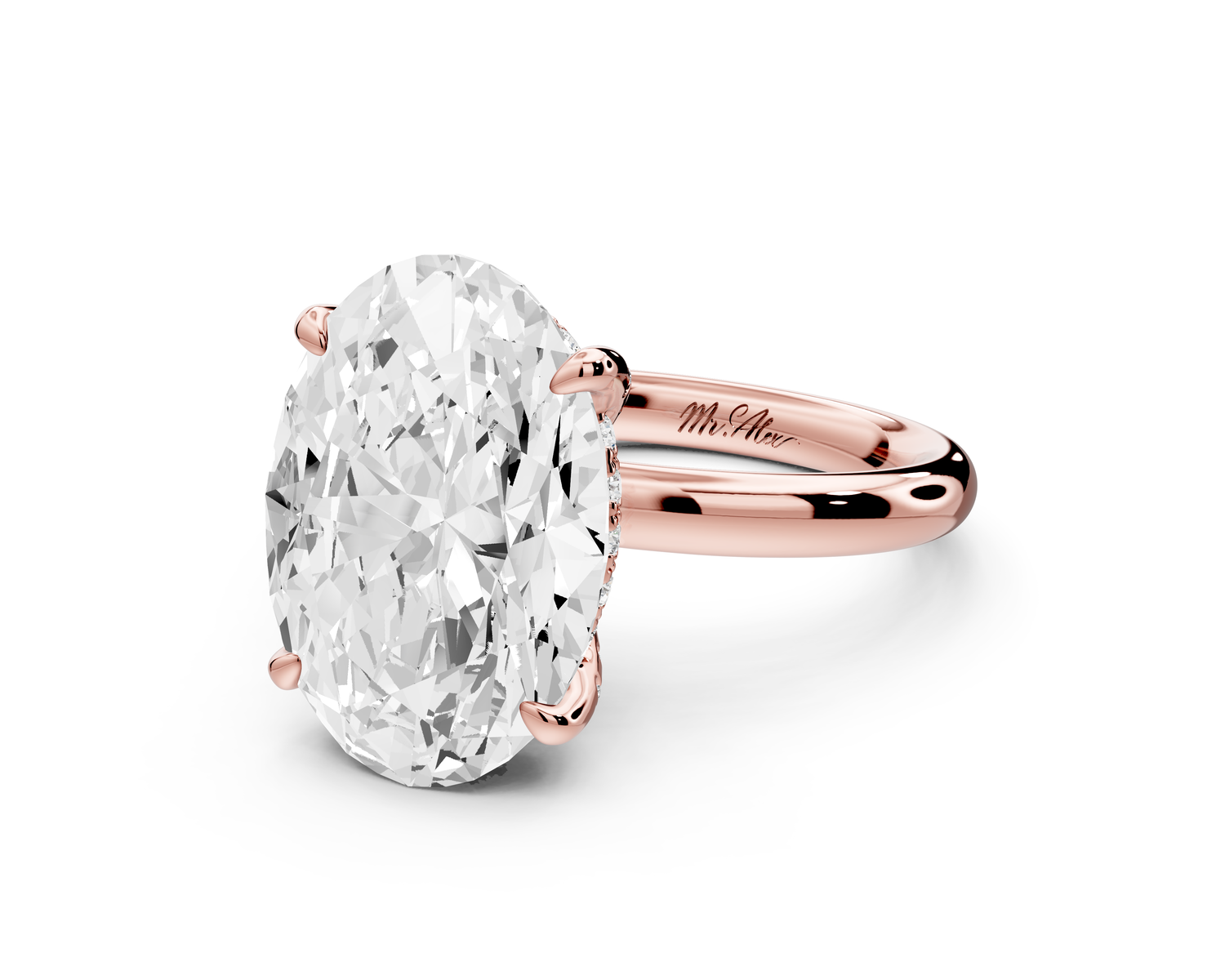 Shira - 5ct 14k rose gold oval diamond with hidden halo and diamond crown talon prong solitaire Engagement ring