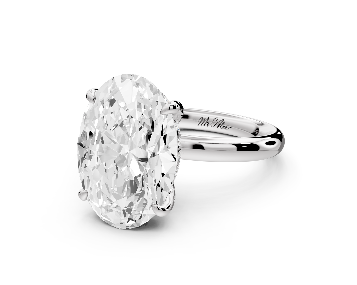Shira - 5ct 14k white gold oval diamond with hidden halo and diamond crown talon prong solitaire Engagement ring