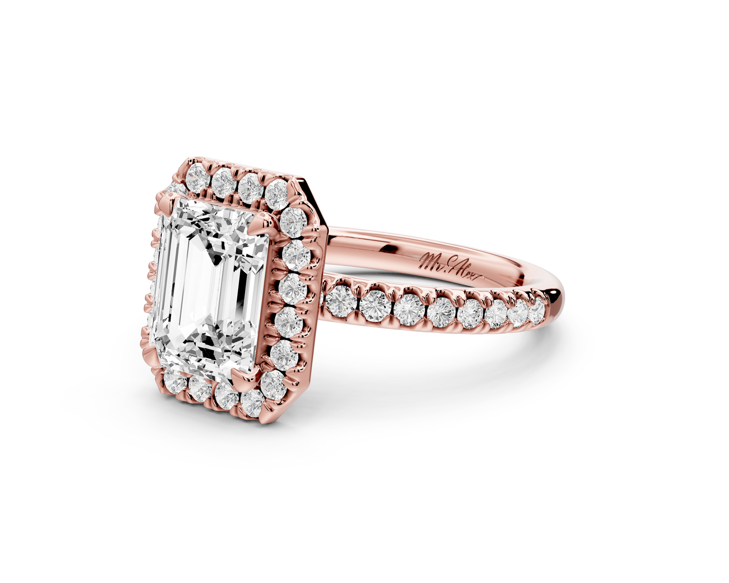 Marina - 2ct 14k rose gold emerald halo Pavé half band Engagement ring