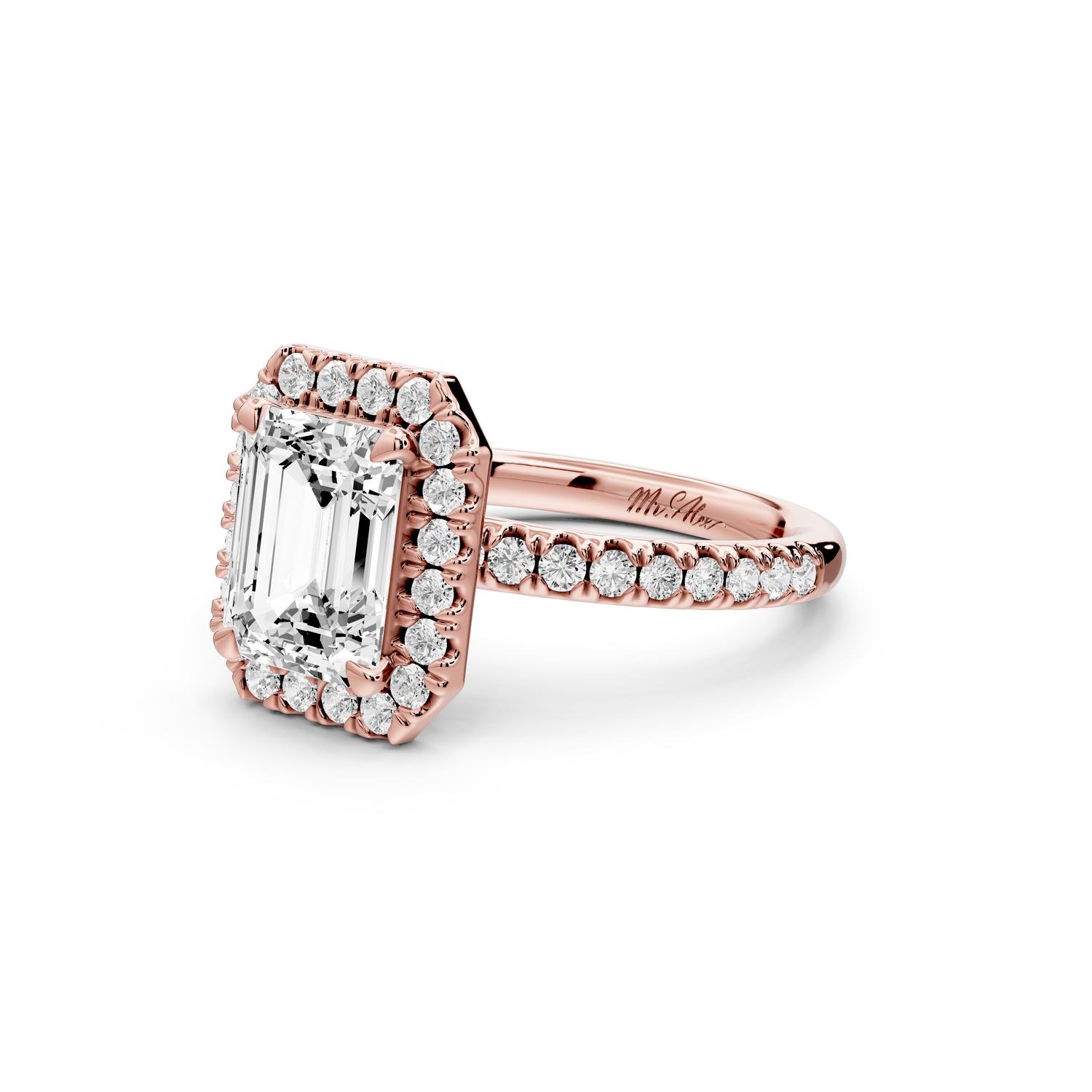 Marina - 2ct 14k rose gold emerald halo Pavé half band Engagement ring