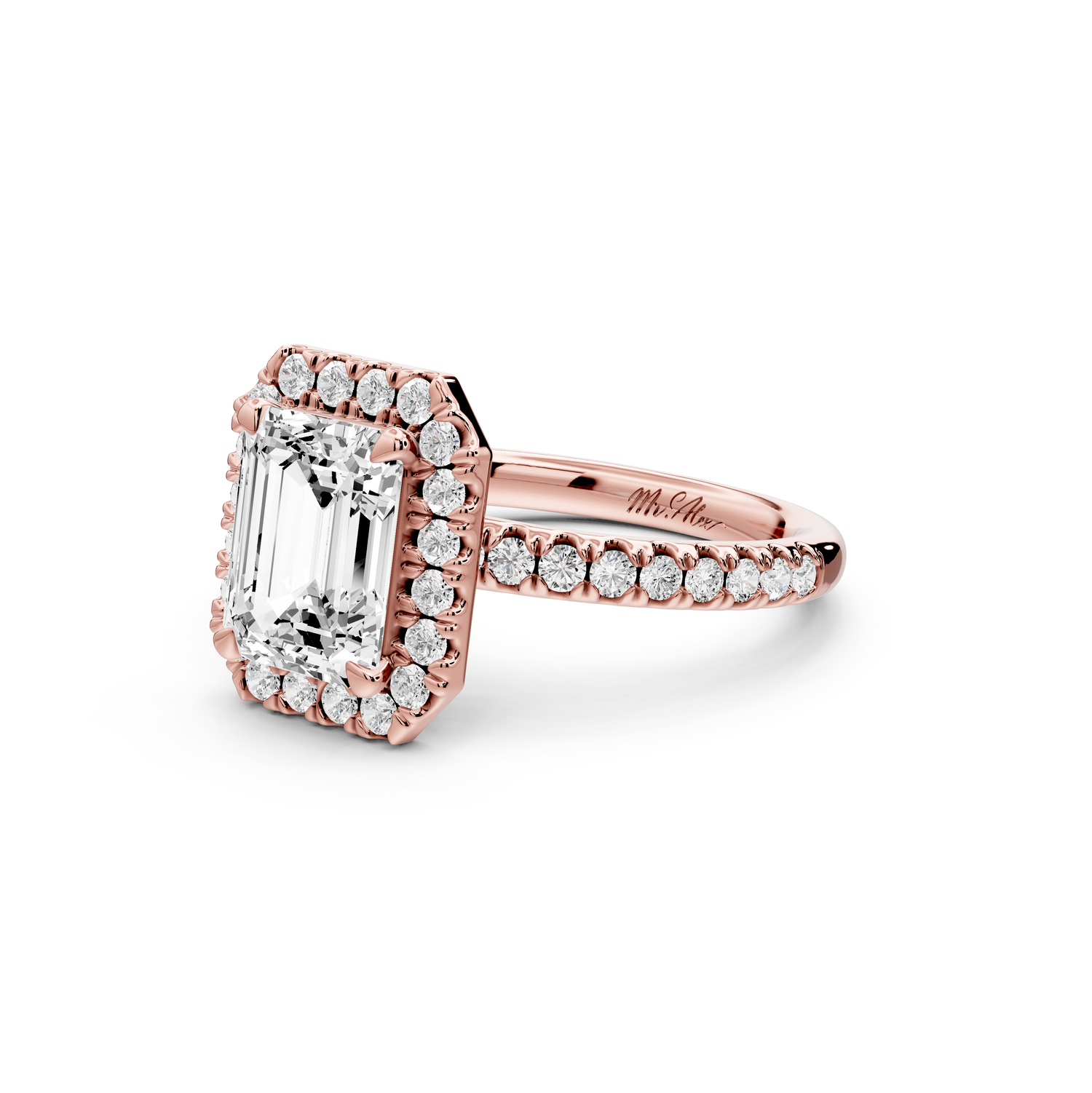 Marina - 2ct 14k rose gold emerald halo Pavé half band Engagement ring