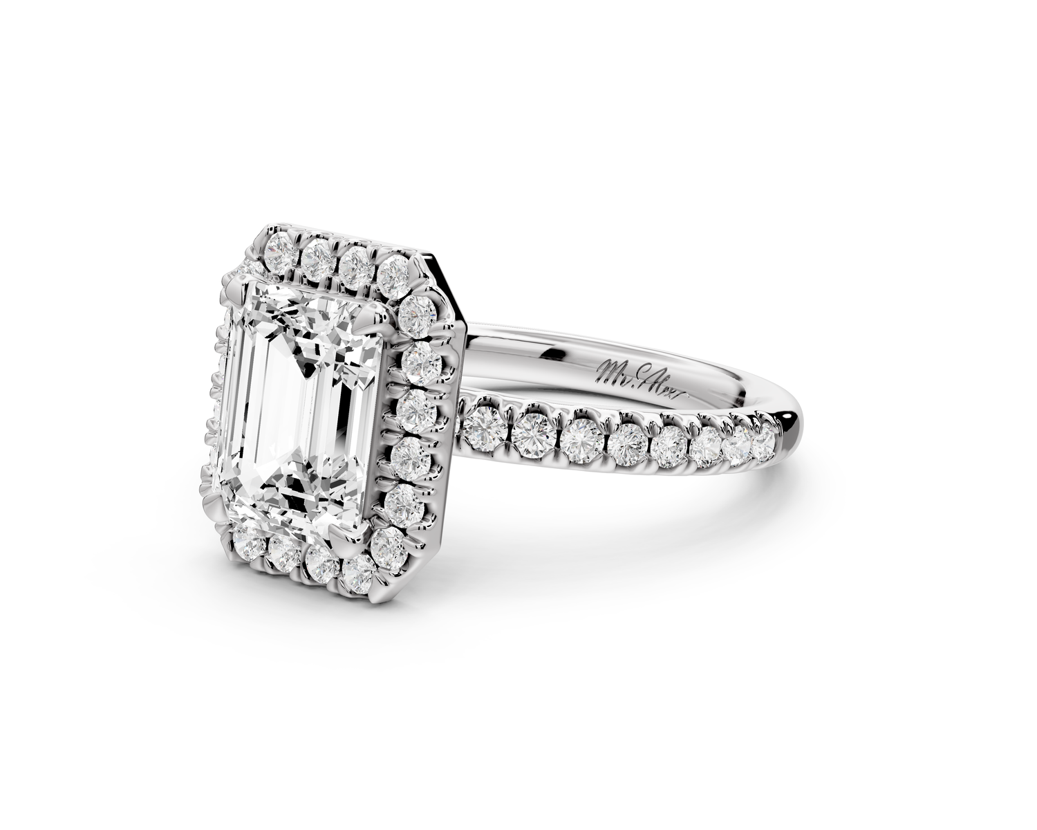 Marina - 2ct 14k white gold emerald halo Pavé half band Engagement ring