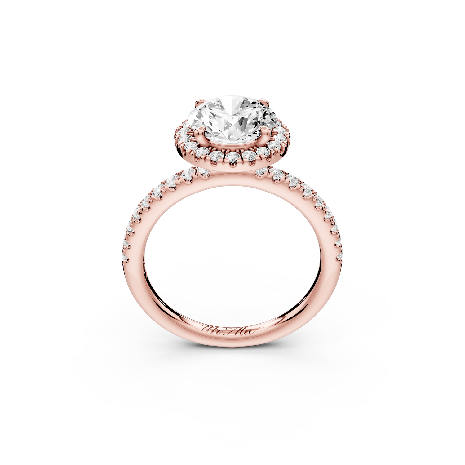 Marina - 2ct 14k rose gold round halo Pavé half band engagment ring