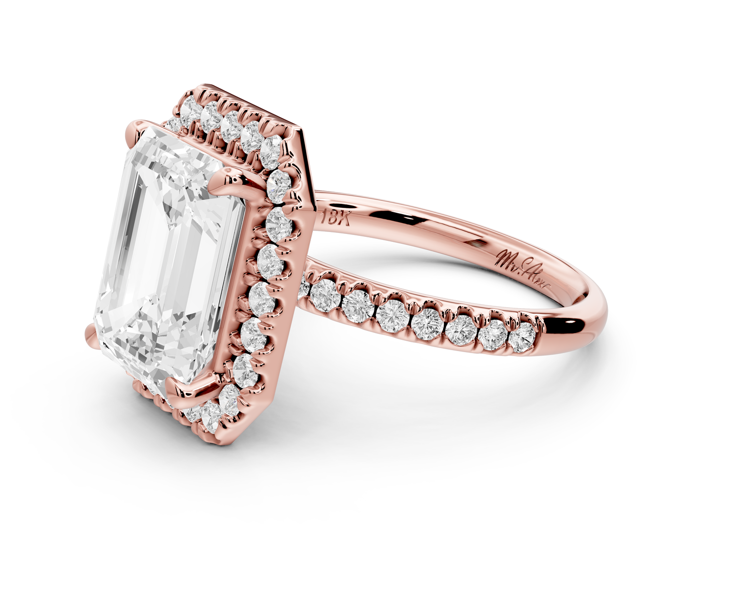 Marina - 3ct 14k rose gold emerald halo Pavé half band Engagement ring