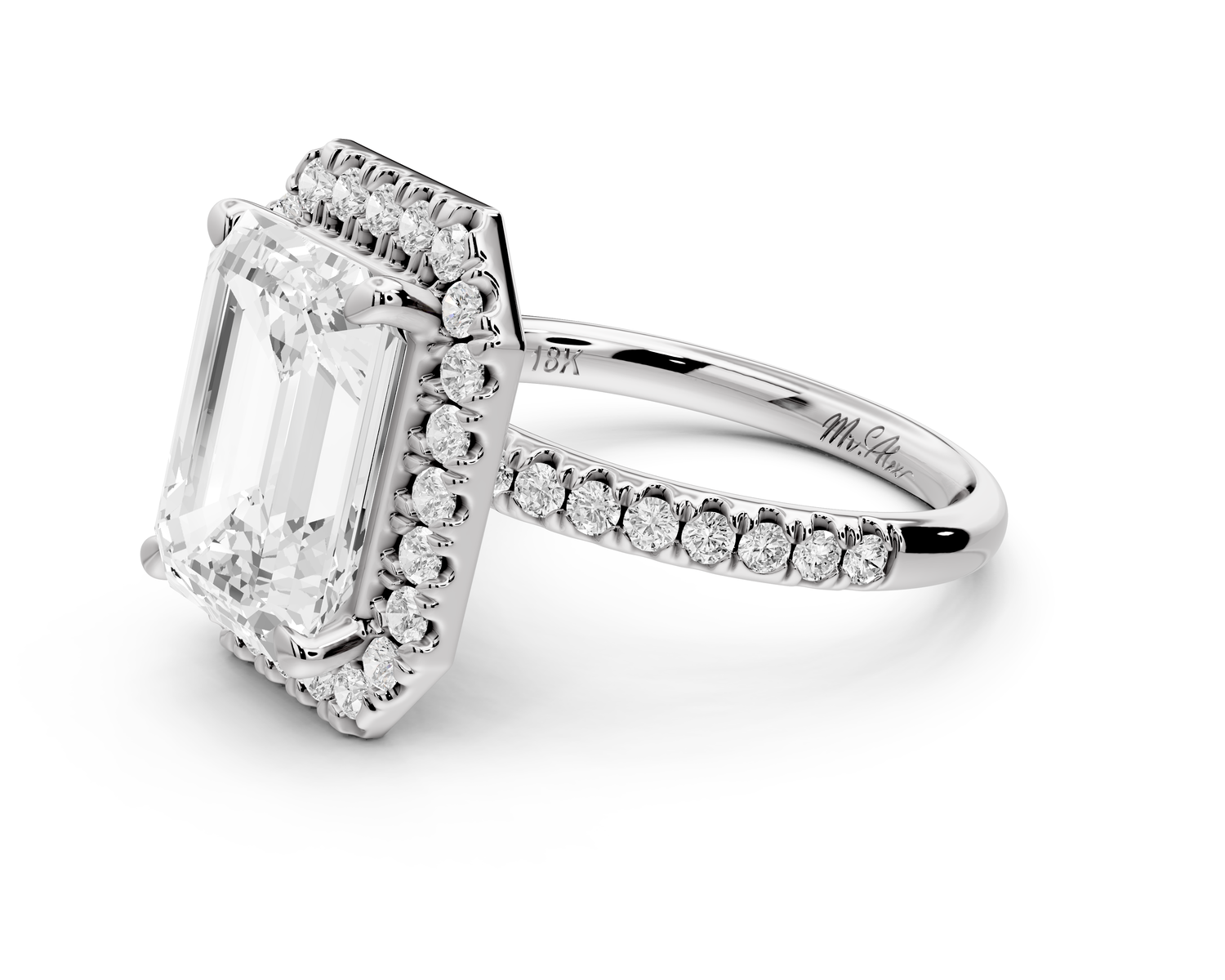Marina - 3ct 14k white gold emerald halo Pavé half band Engagement ring