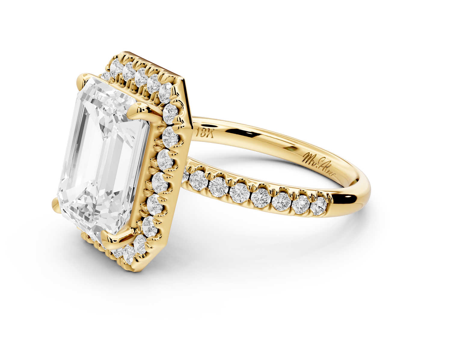 Marina - 4ct 14k yellow gold emerald halo Pavé half band Engagement ring