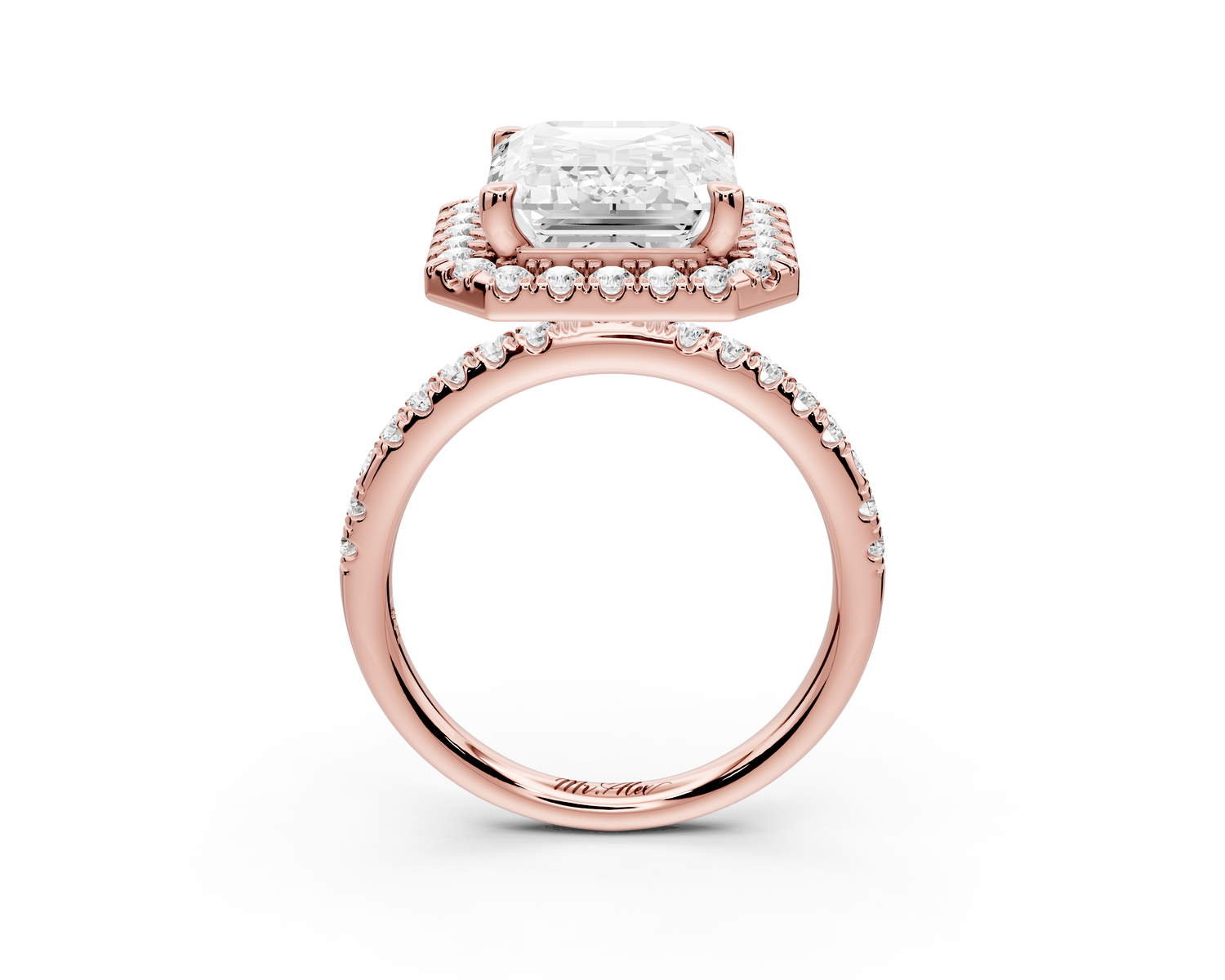Marina - 5ct 14k rose gold emerald halo Pavé half band Engagement ring
