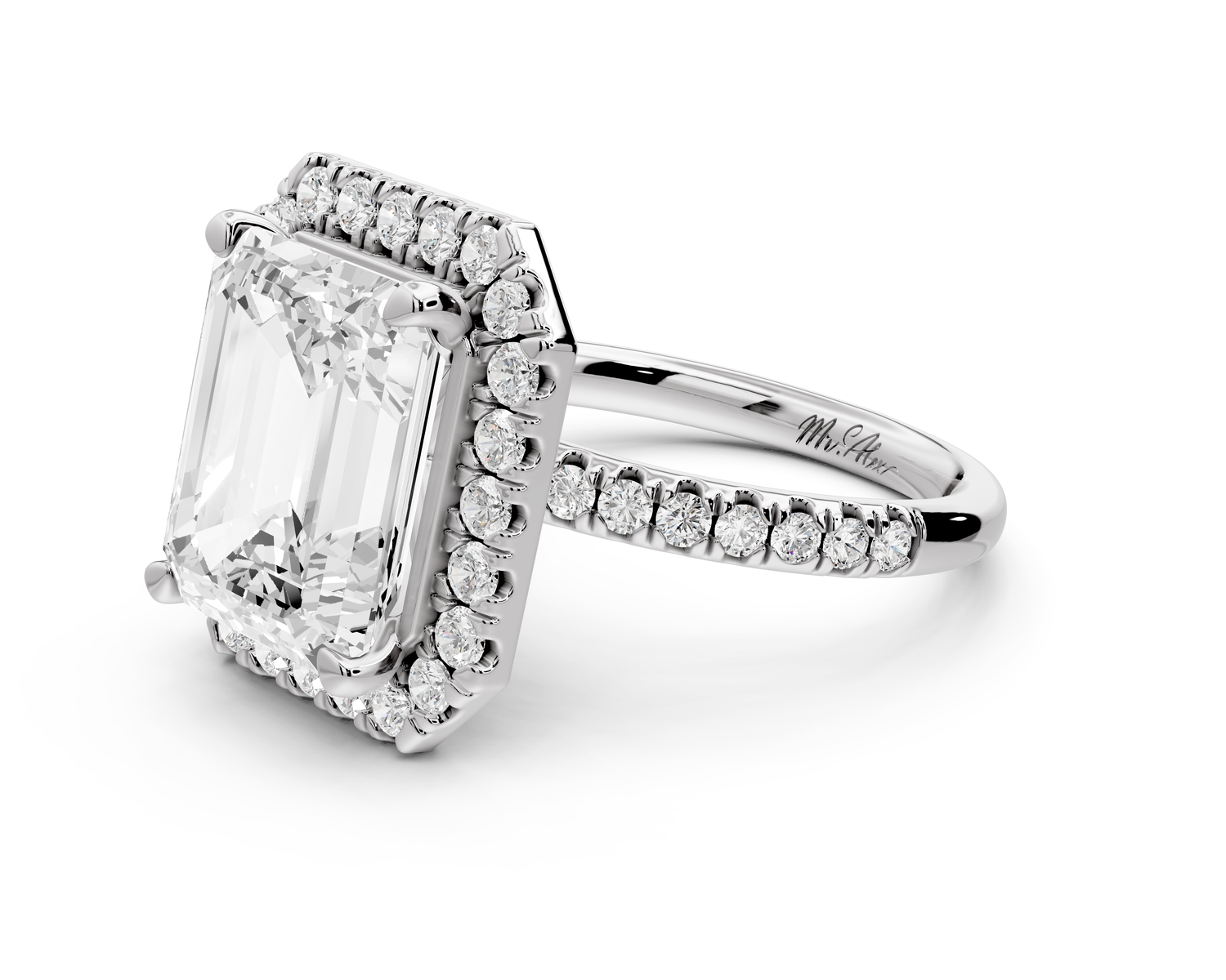 Marina - 5ct 14k white gold emerald halo Pavé half band Engagement ring
