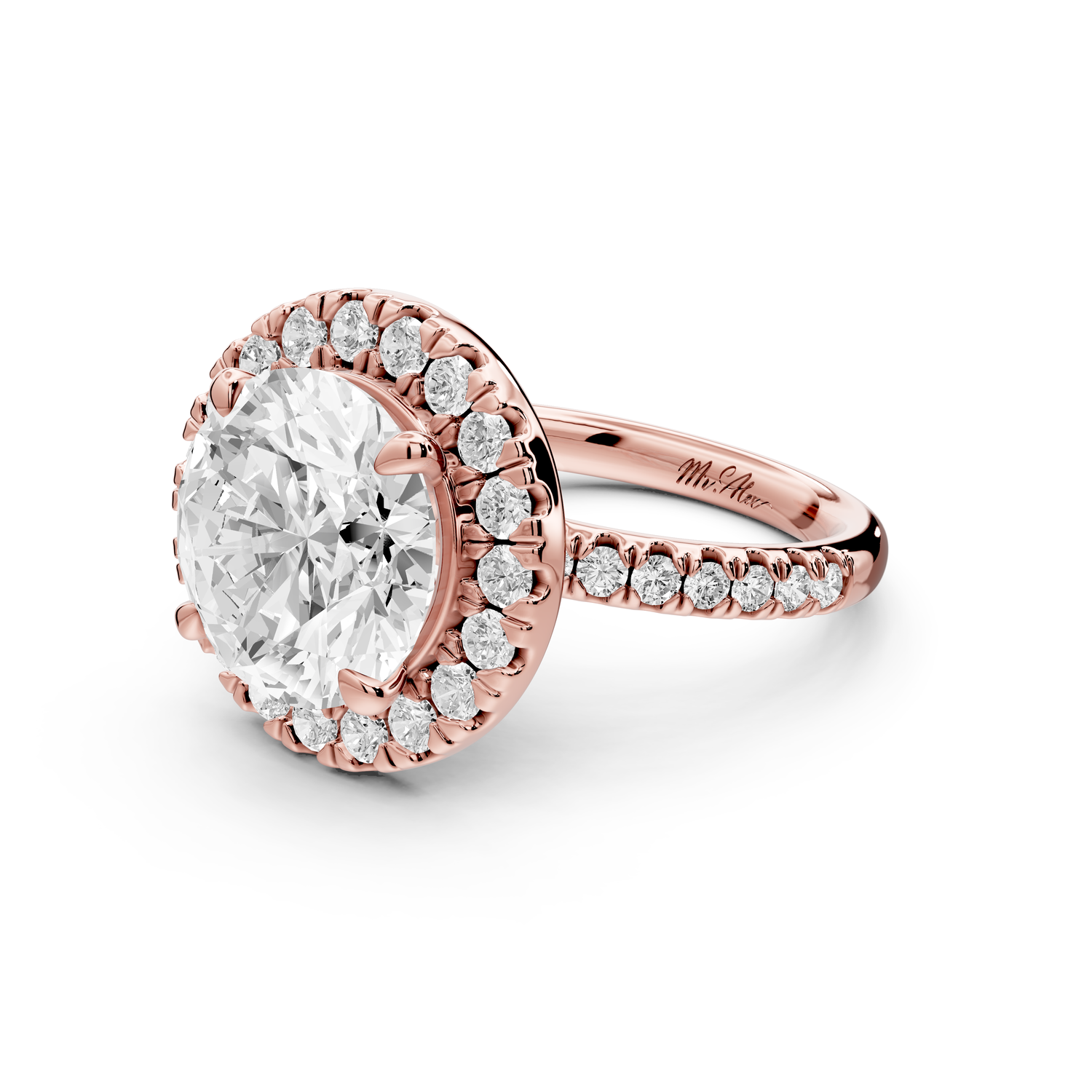 Marina - 5ct 14k rose gold round halo Pavé half band engagment ring
