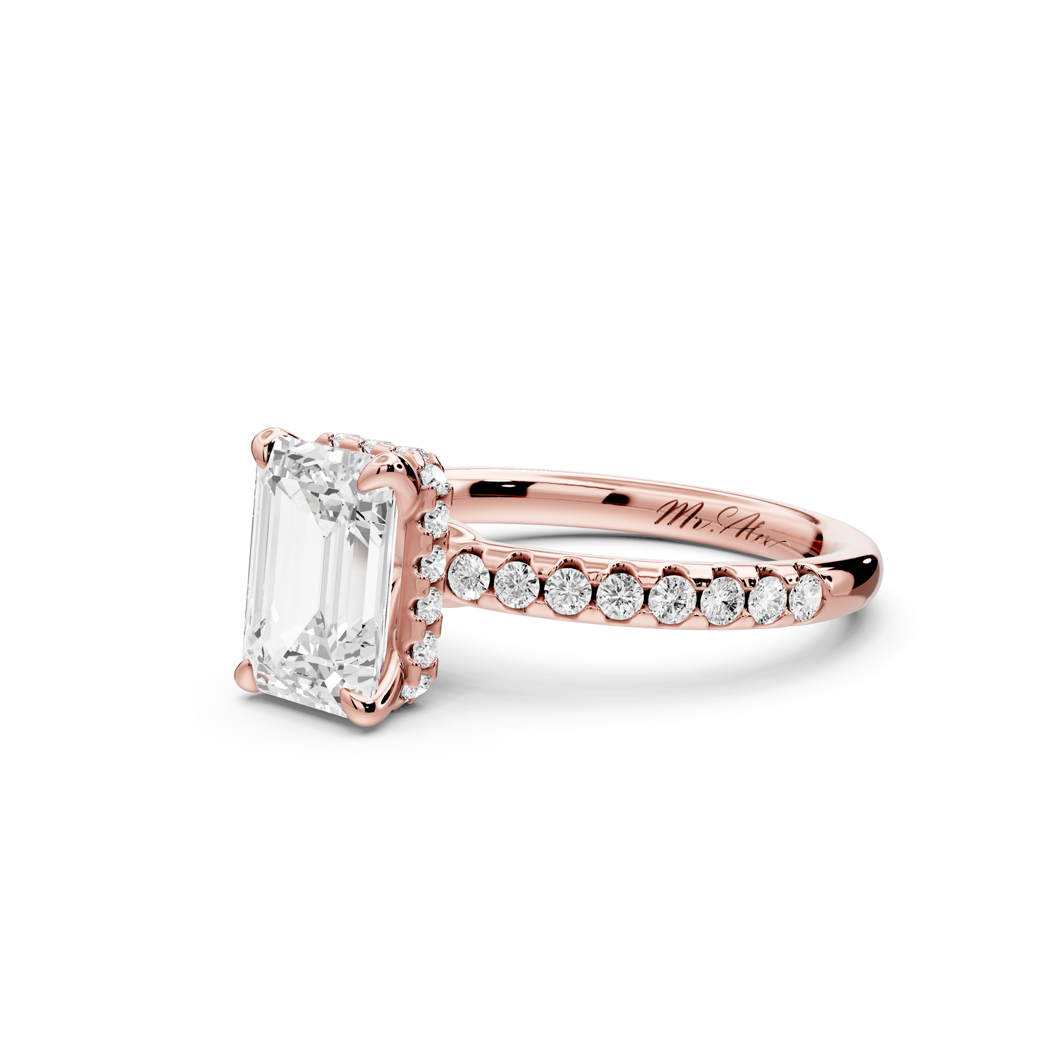 Arina - 2ct 18k rose gold emerald Diamond with a wrap around halo and pavé Engagement ring