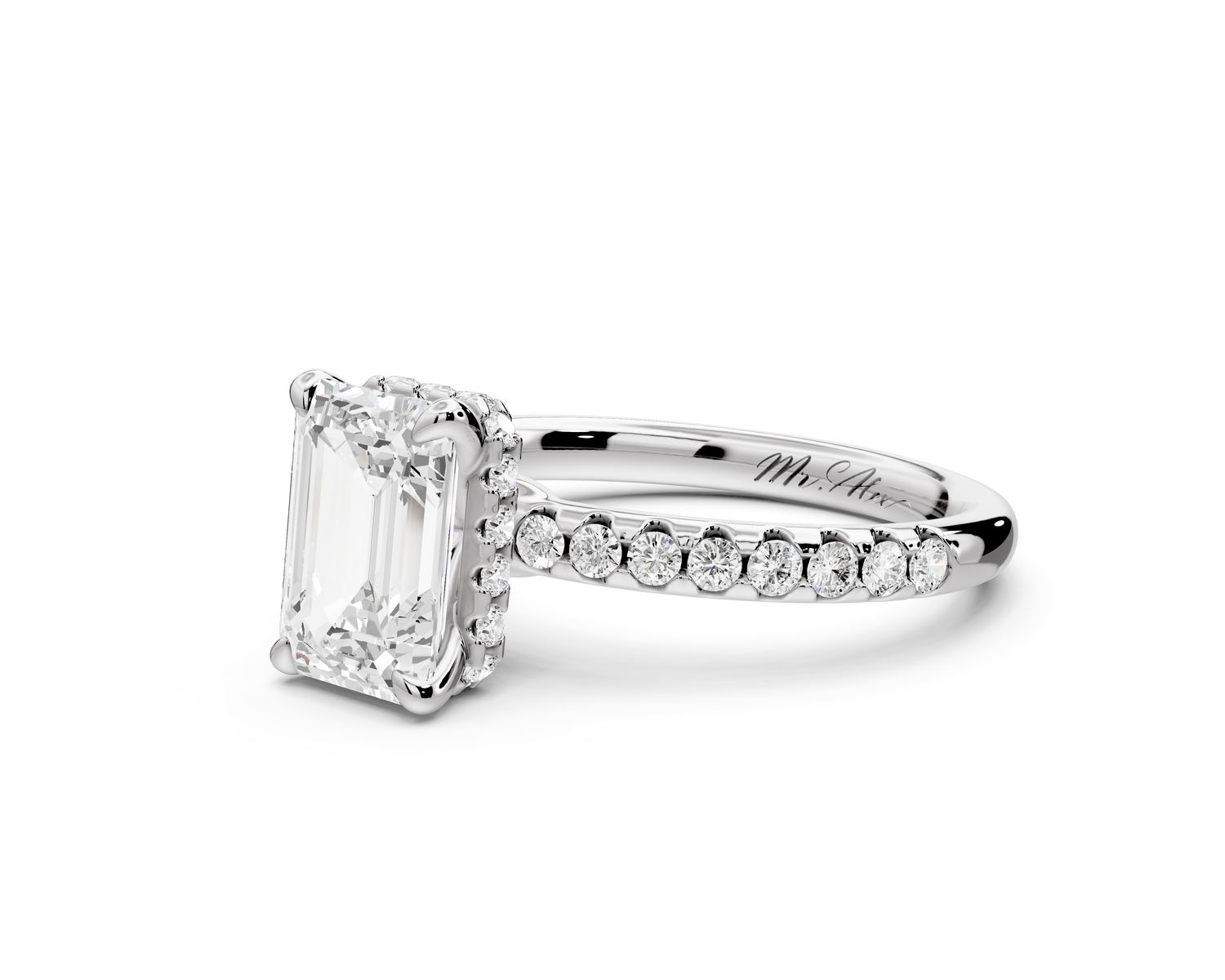 Arina - 2ct 14k white gold emerald Diamond with a wrap around halo and pavé Engagement ring
