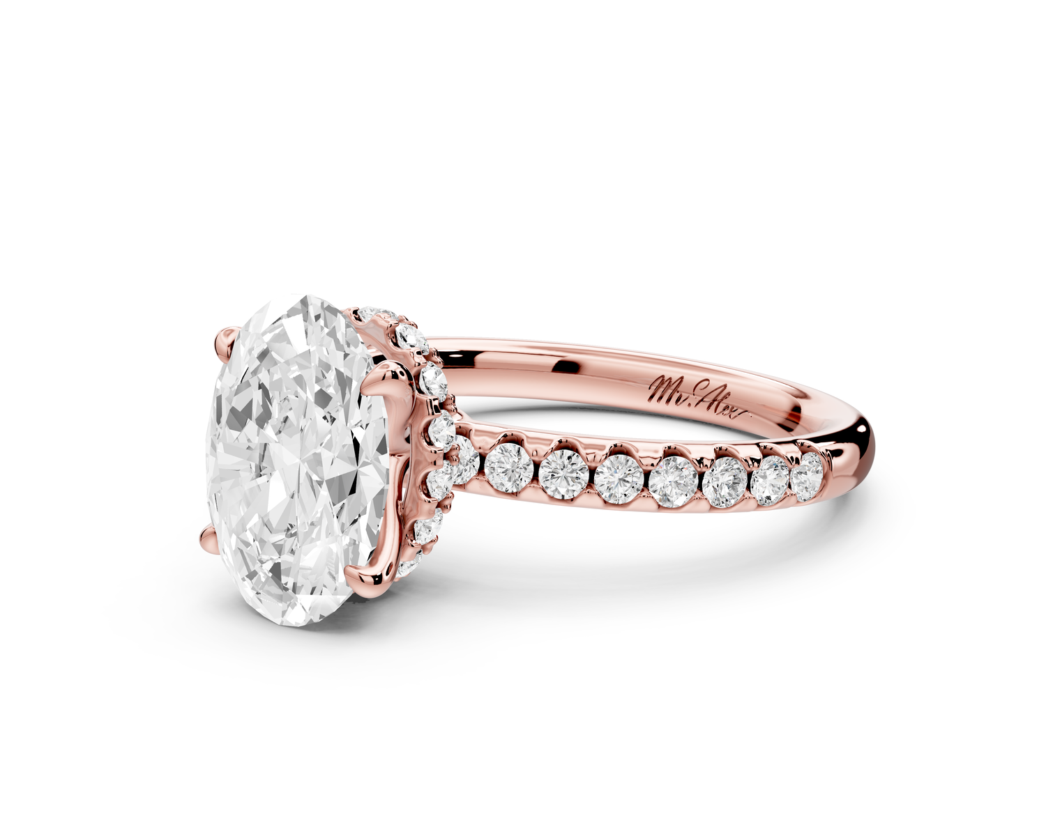 Arina - 2ct 14k rose gold oval Diamond with a wrap around halo and pavé Engagement ring