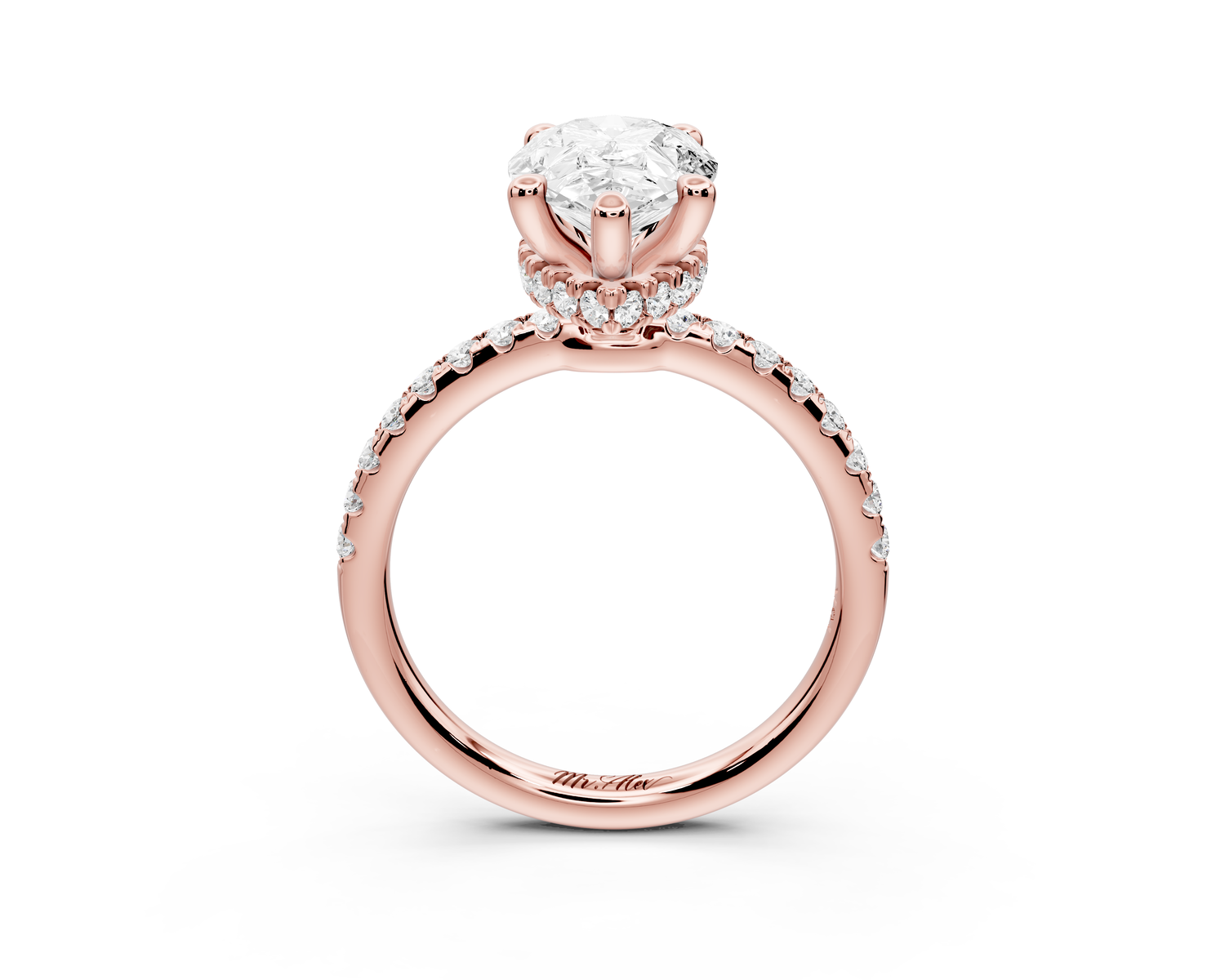 Arina - 2ct 14k rose gold pear Diamond with a wrap around halo and pavé Engagement ring