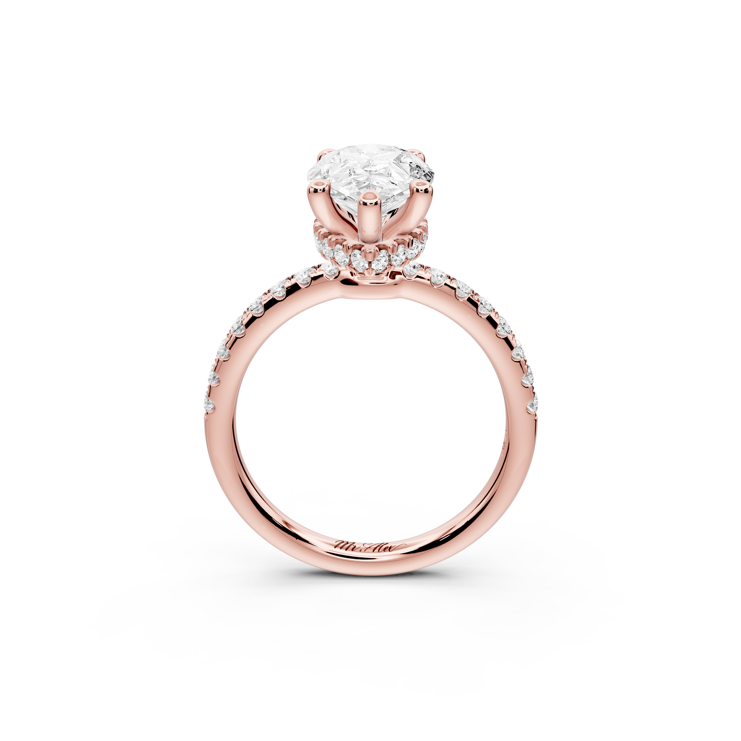 Arina - 2ct 14k rose gold pear Diamond with a wrap around halo and pavé Engagement ring