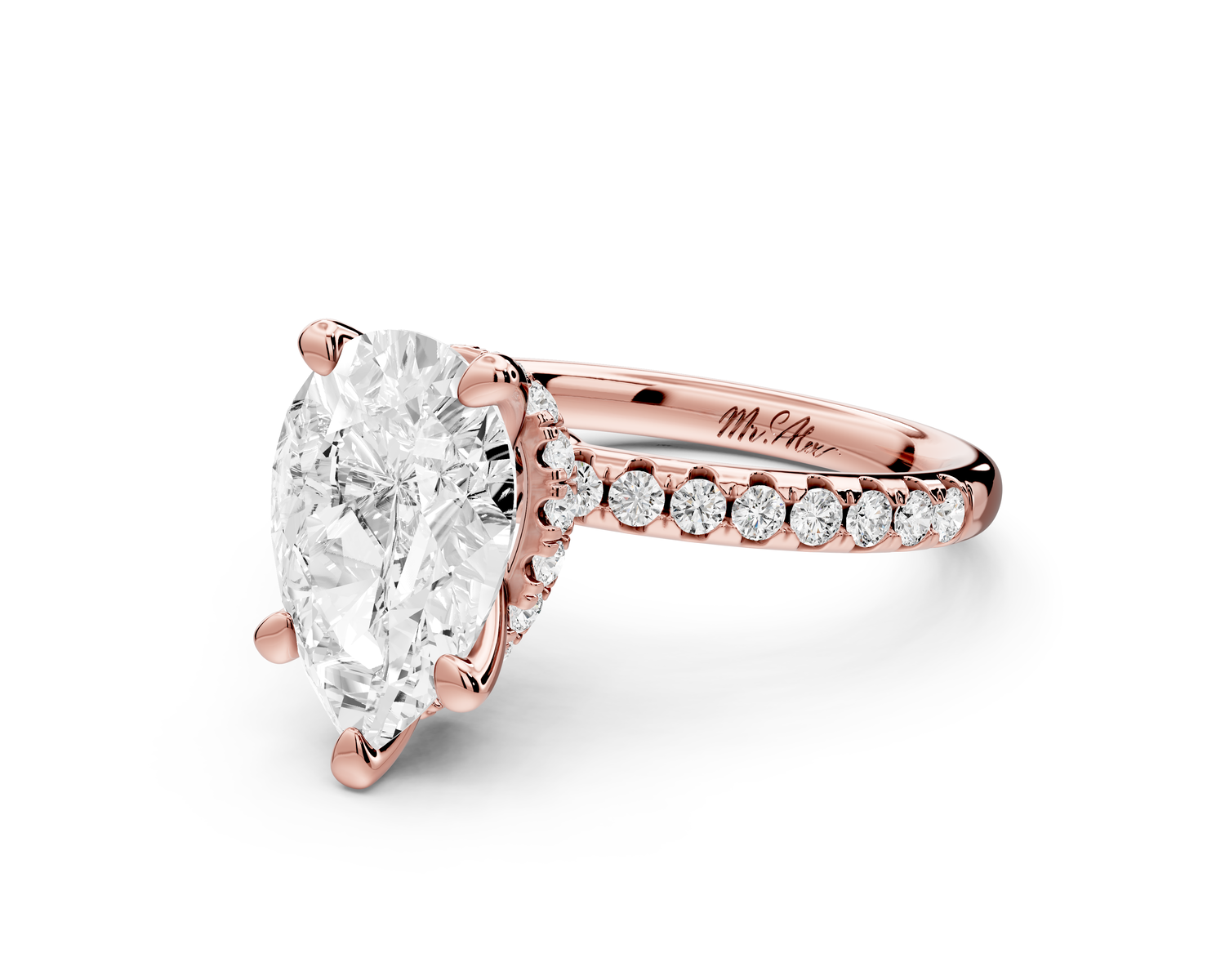 Arina - 2ct 14k rose gold pear Diamond with a wrap around halo and pavé Engagement ring