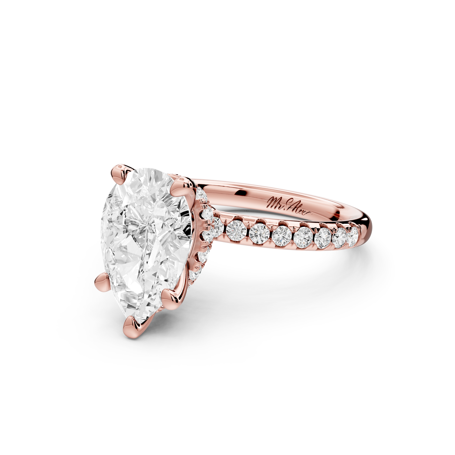 Arina - 2ct 14k rose gold pear Diamond with a wrap around halo and pavé Engagement ring
