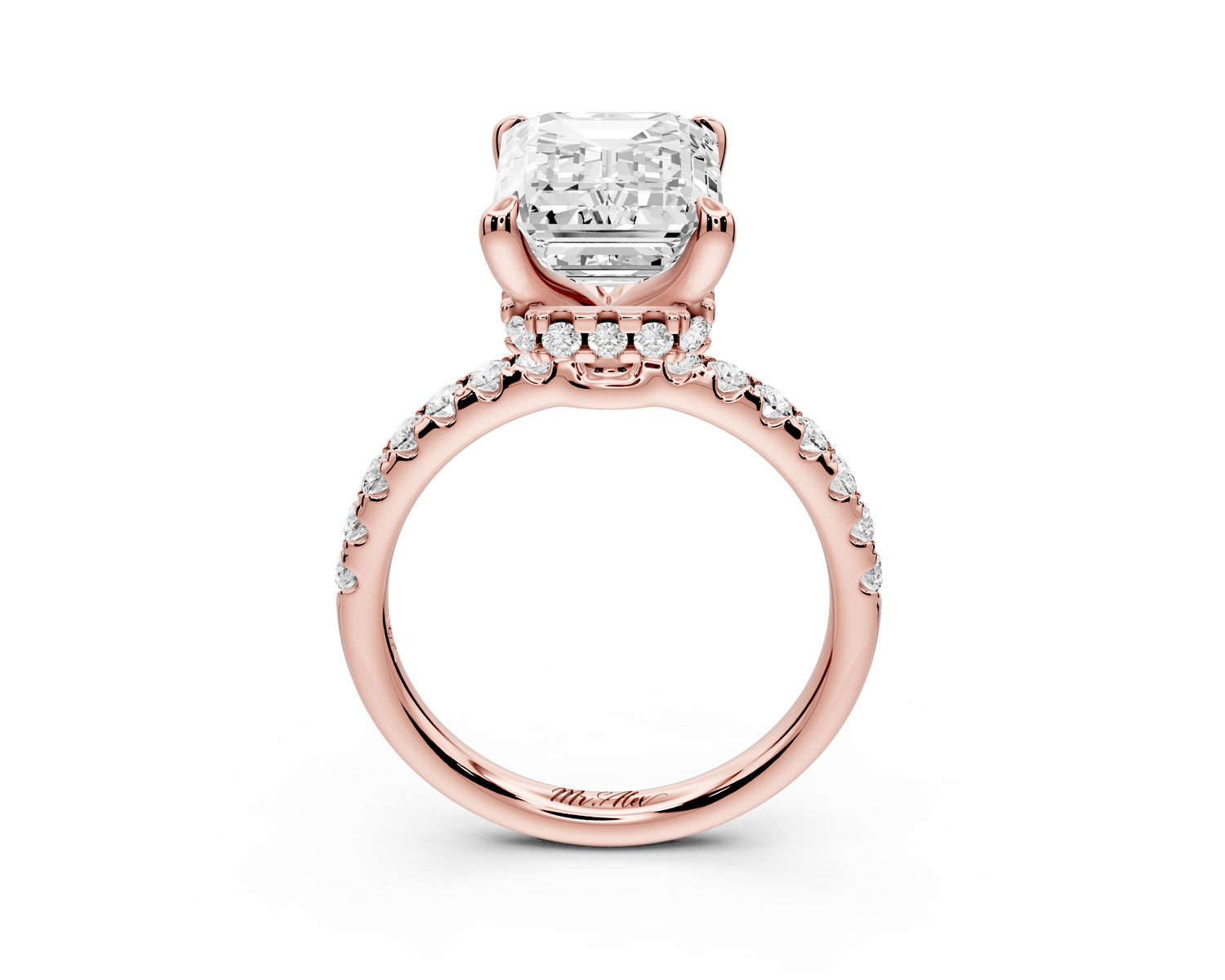 Arina - 3ct 14k rose gold emerald Diamond with a wrap around halo and pavé Engagement ring