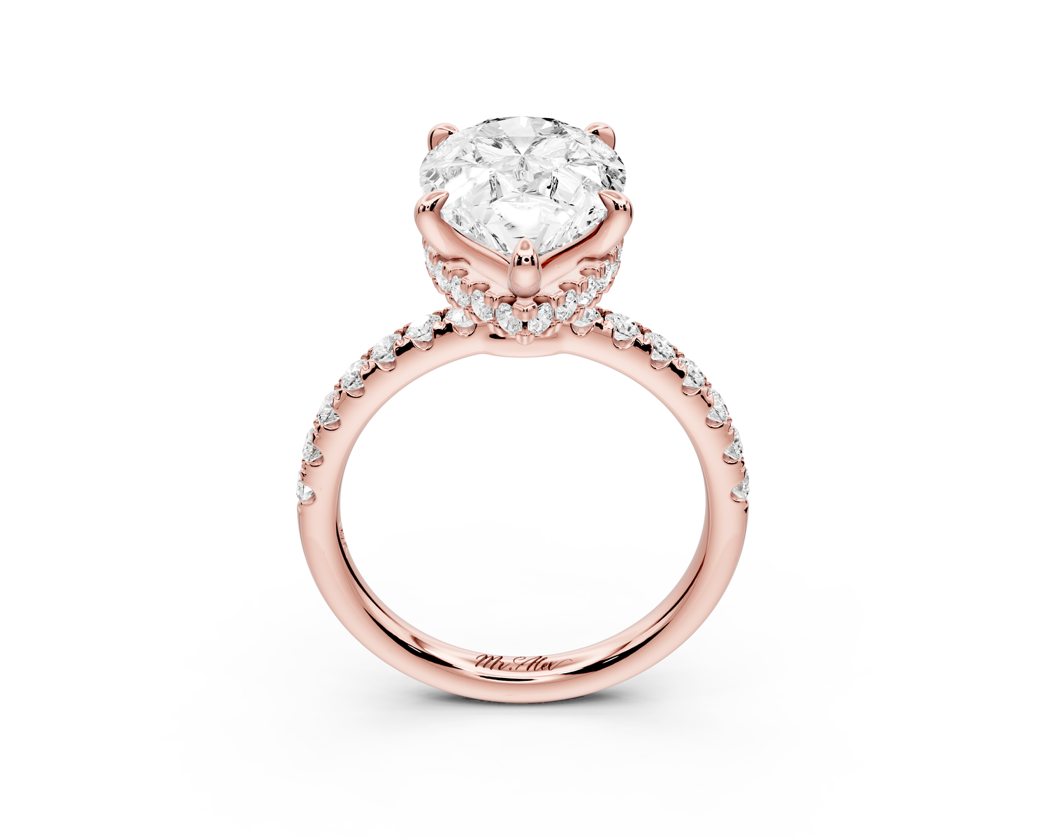 Arina - 3ct 14k rose gold pear Diamond with a wrap around halo and pavé Engagement ring