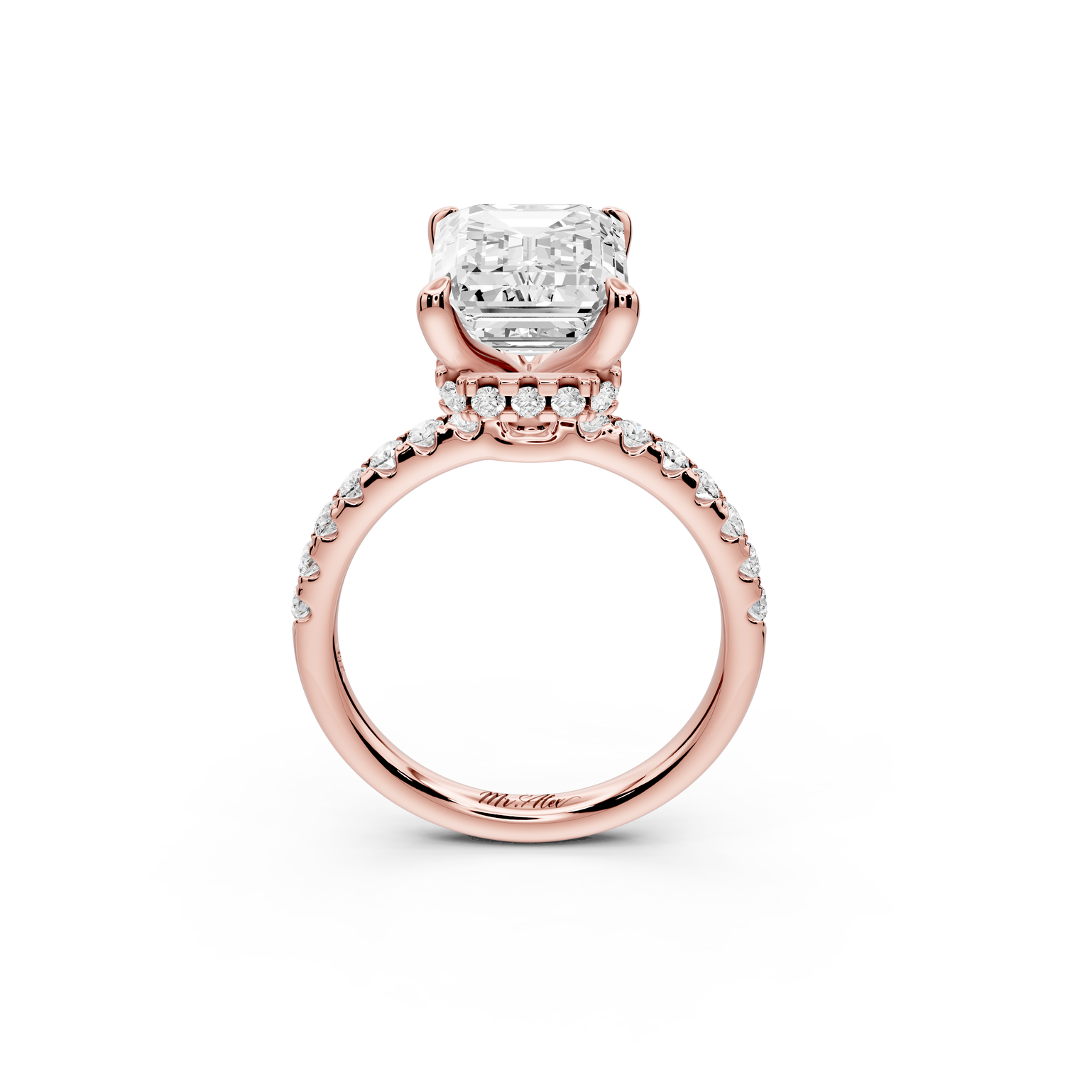 Arina - 4ct 14k rose gold emerald Diamond with a wrap around halo and pavé Engagement ring