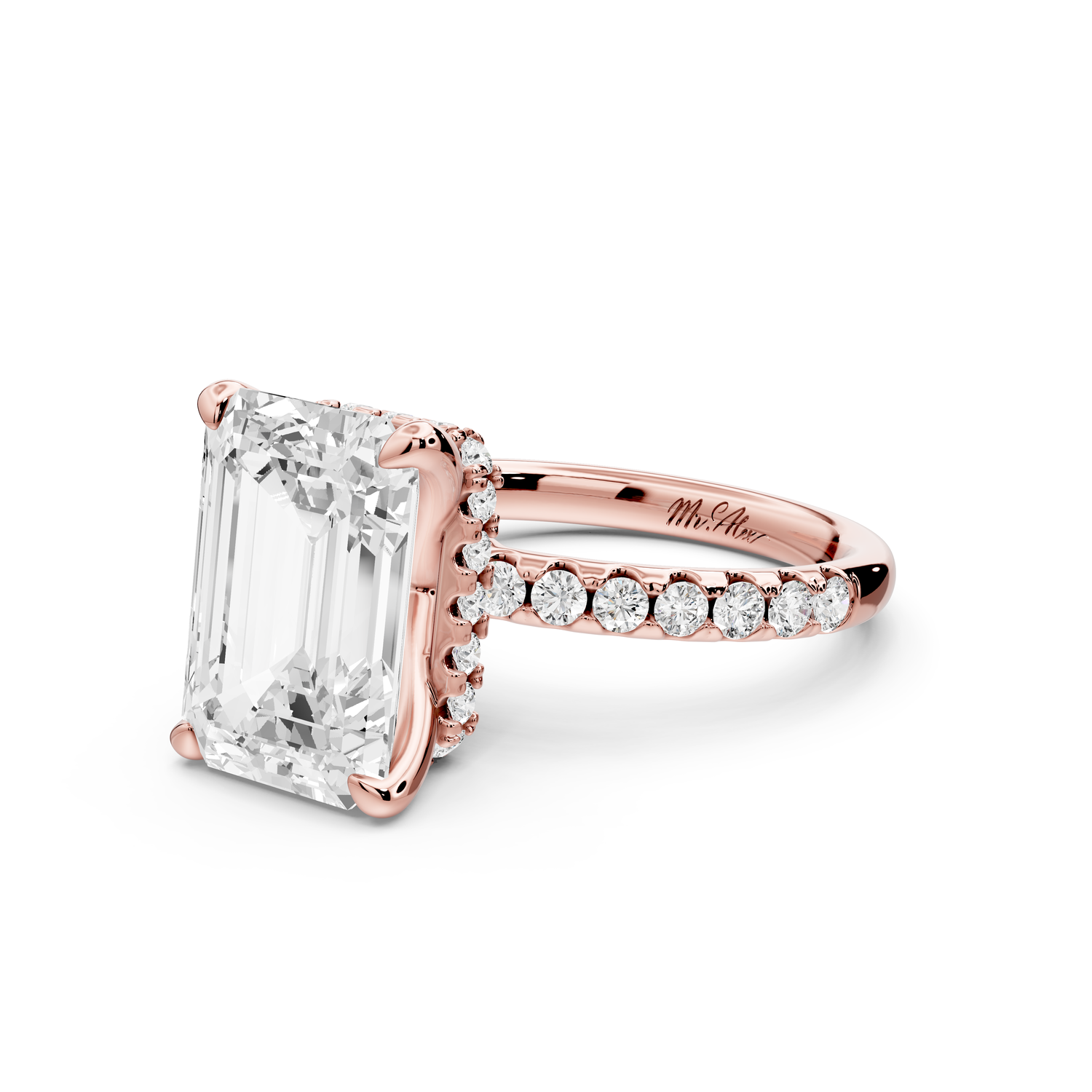 Arina - 4ct 18k rose gold emerald Diamond with a wrap around halo and pavé Engagement ring