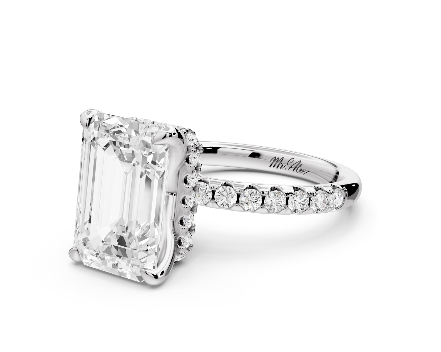 Arina - 4ct 14k white gold emerald Diamond with a wrap around halo and pavé Engagement ring