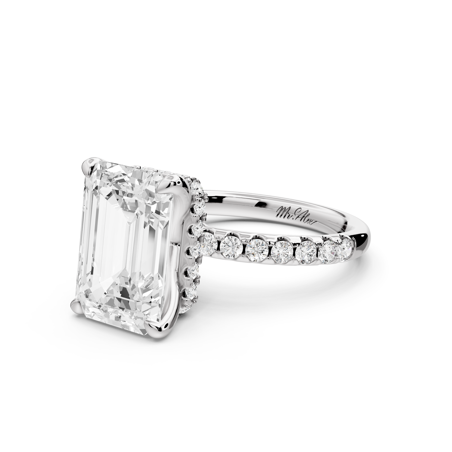 Arina - 4ct 14k white gold emerald Diamond with a wrap around halo and pavé Engagement ring