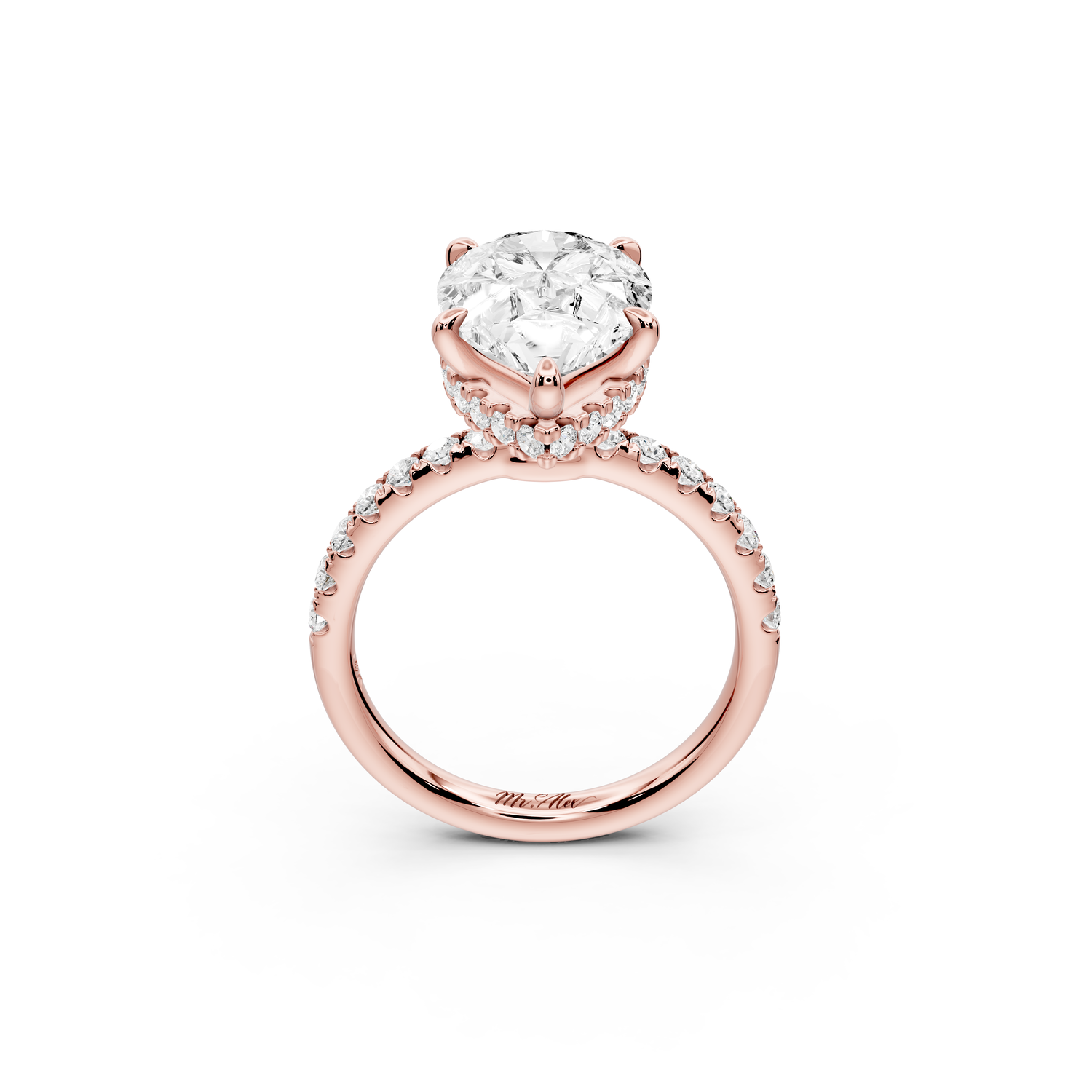 Arina - 4ct 14k rose gold pear Diamond with a wrap around halo and pavé Engagement ring