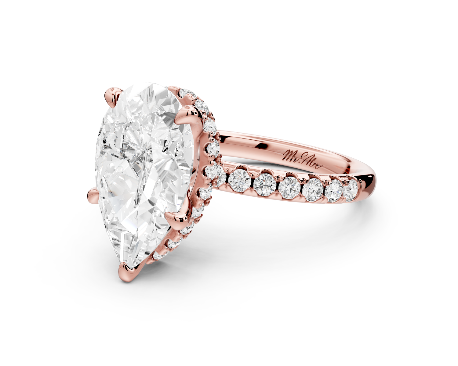 Arina - 4ct 14k rose gold pear Diamond with a wrap around halo and pavé Engagement ring
