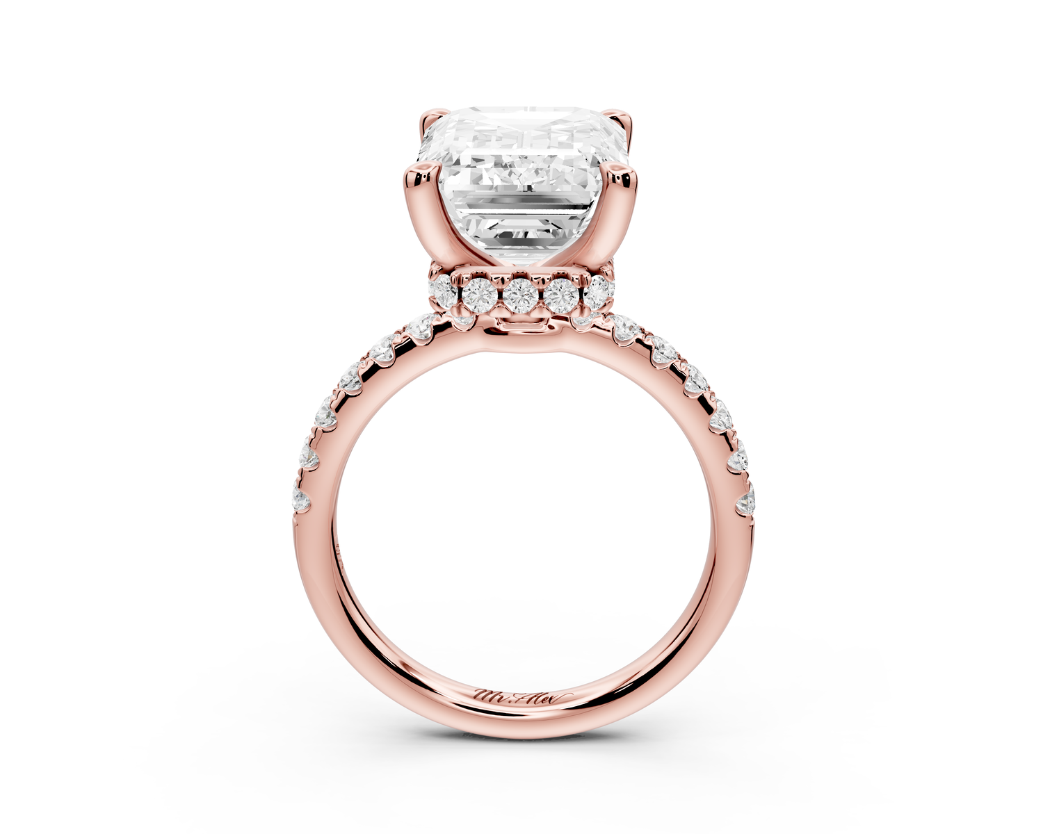 Arina - 5ct 14k rose gold emerald Diamond with a wrap around halo and pavé Engagement ring