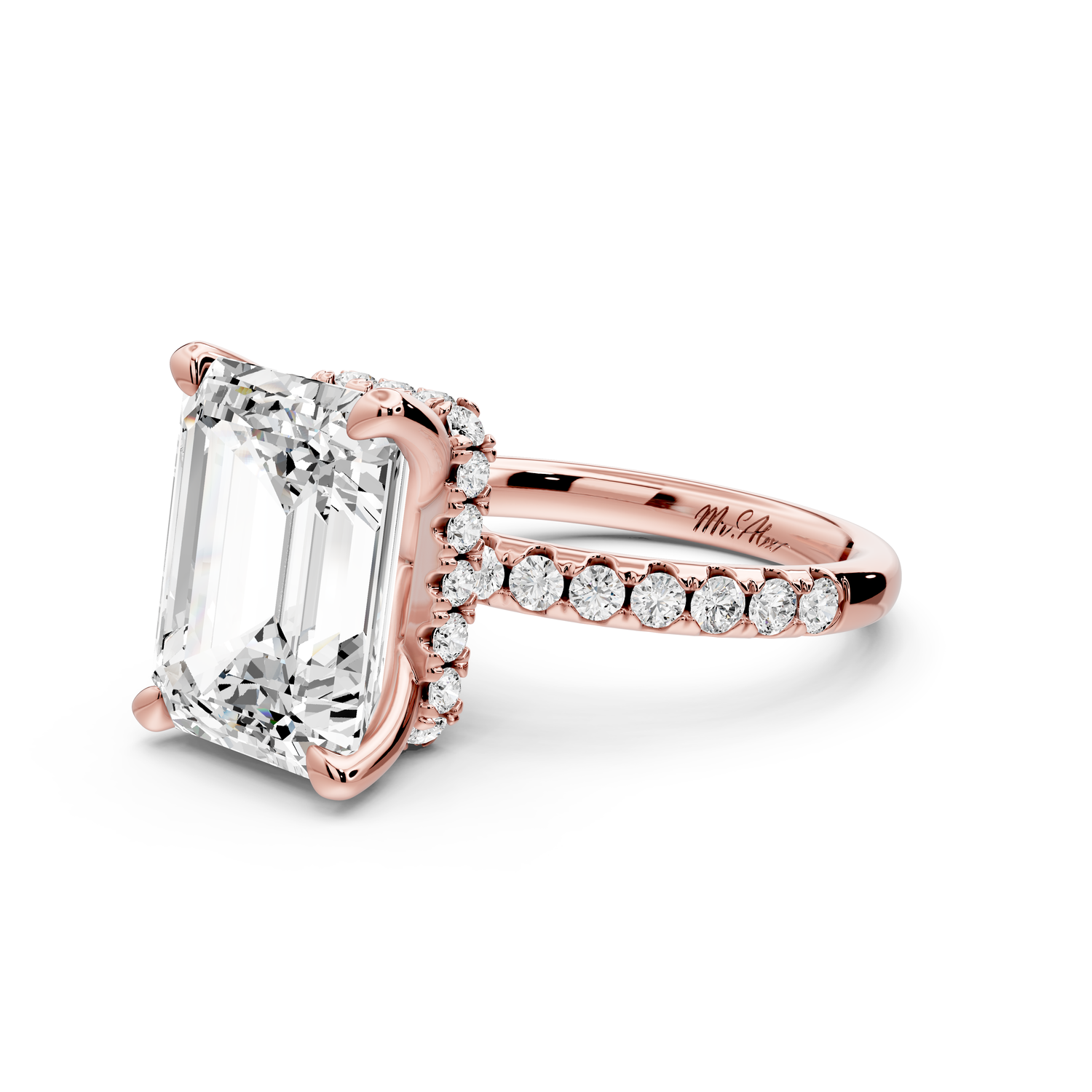 Arina - 5ct 14k rose gold emerald Diamond with a wrap around halo and pavé Engagement ring