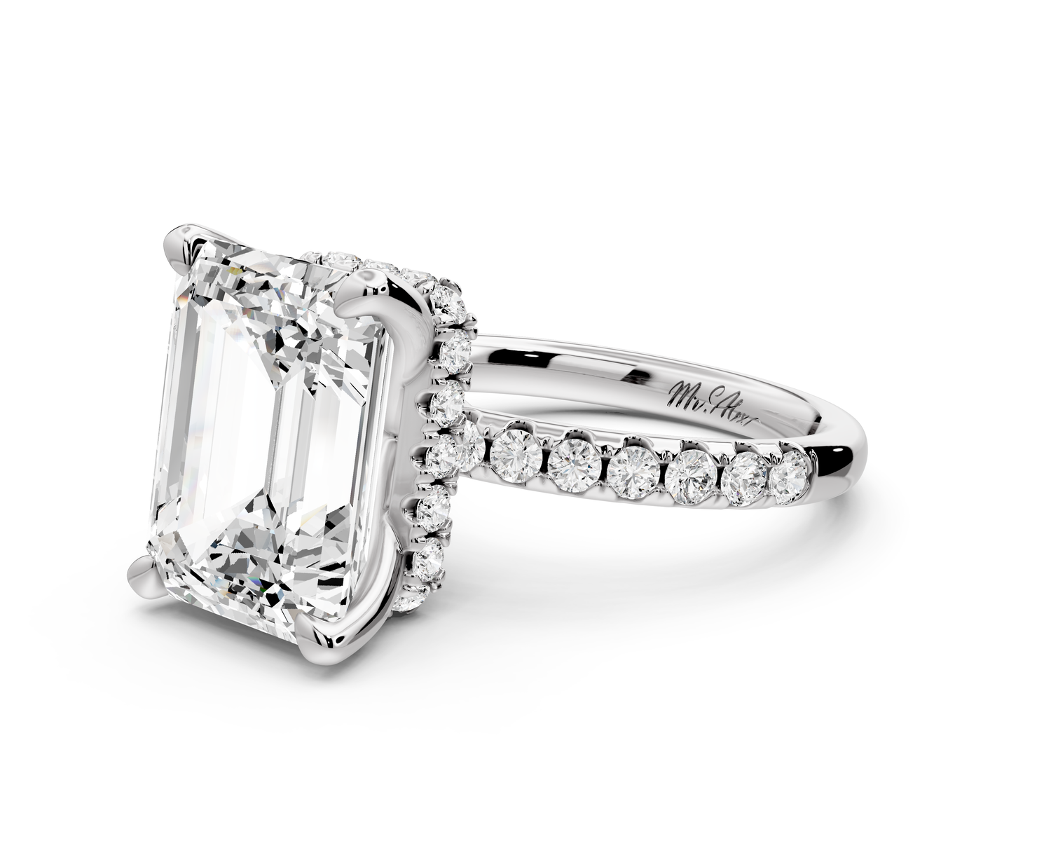 Arina - 5ct 14k white gold emerald Diamond with a wrap around halo and pavé Engagement ring