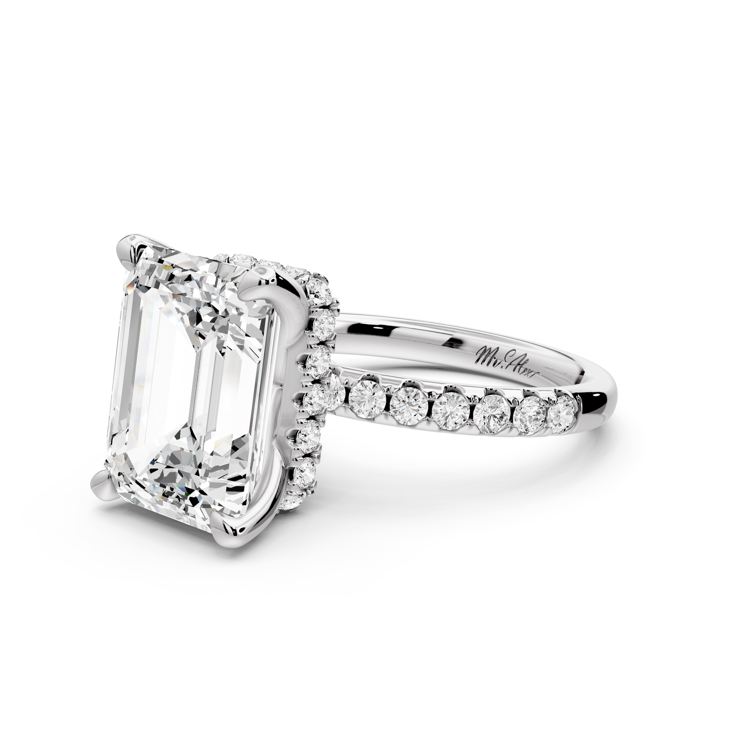 Arina - 5ct 14k white gold emerald Diamond with a wrap around halo and pavé Engagement ring