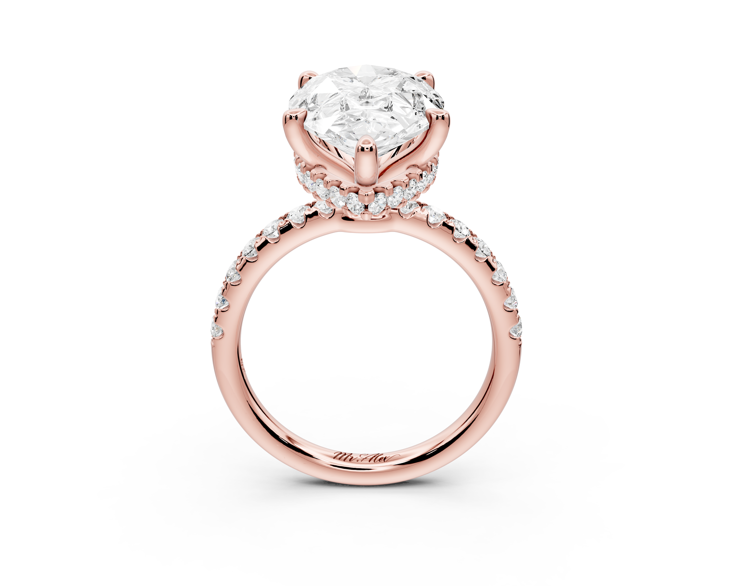 Arina - 5ct 14k rose gold pear Diamond with a wrap around halo and pavé Engagement ring